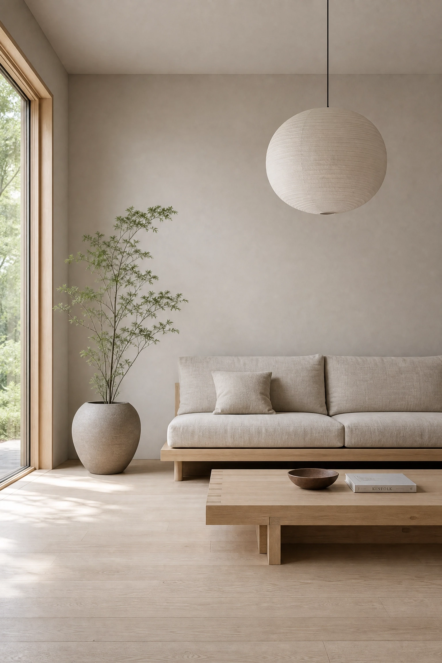 japandi-style with pale ash wood and stone beige in a living room