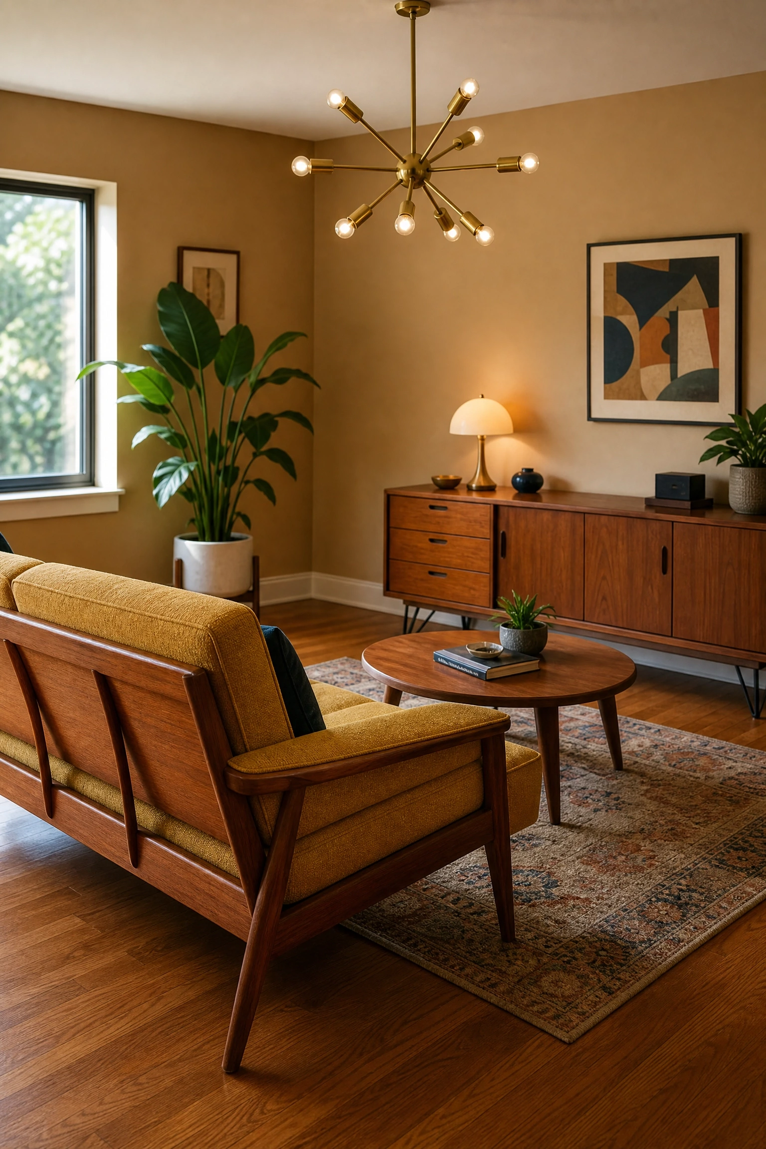 mid-century modern with warm teak and caramel beige in a living room