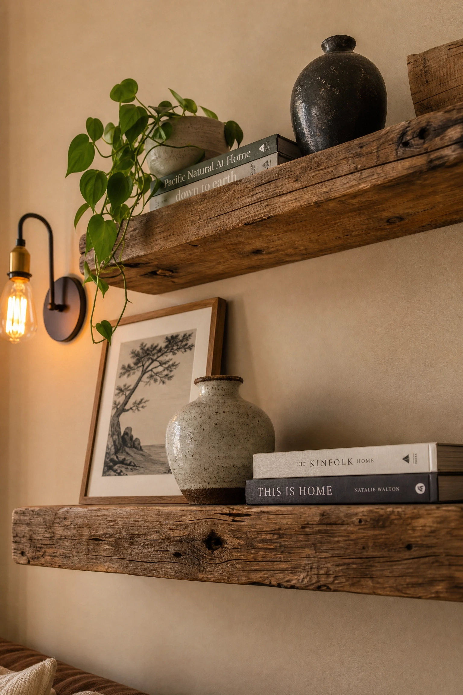 reclaimed wood shelving on beige walls for a collected look in a living room