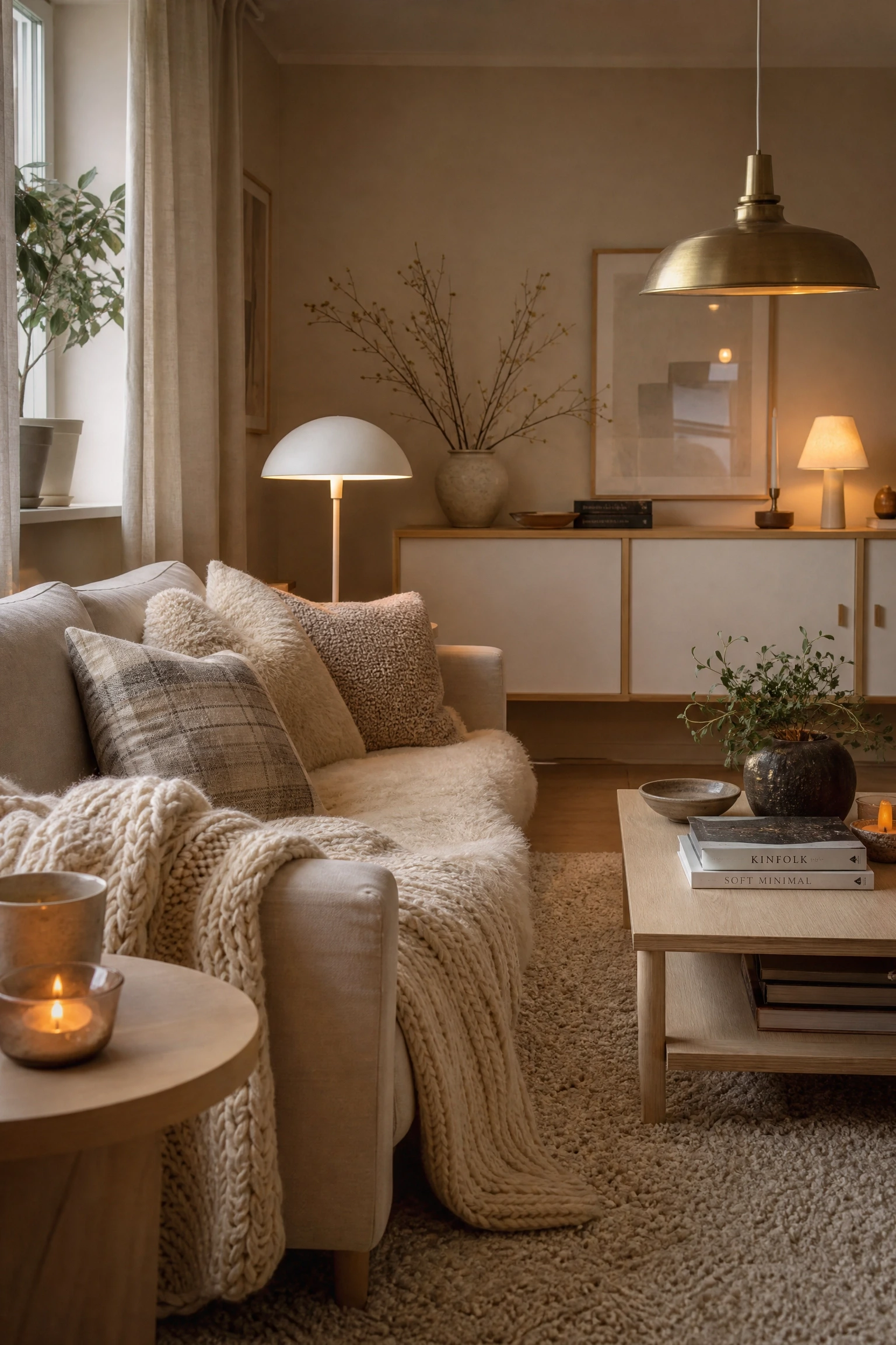 scandi-inspired beige with pale birch and warm textiles in a living room