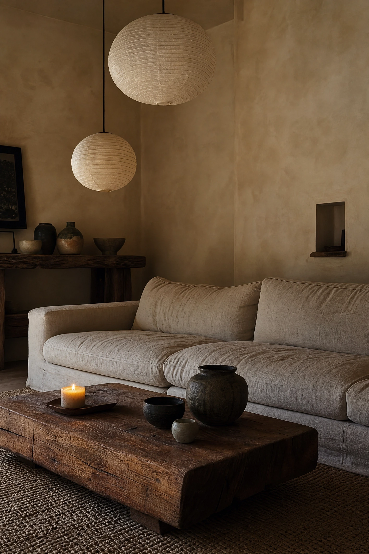 wabi-sabi living room in beige with rough-hewn wood
