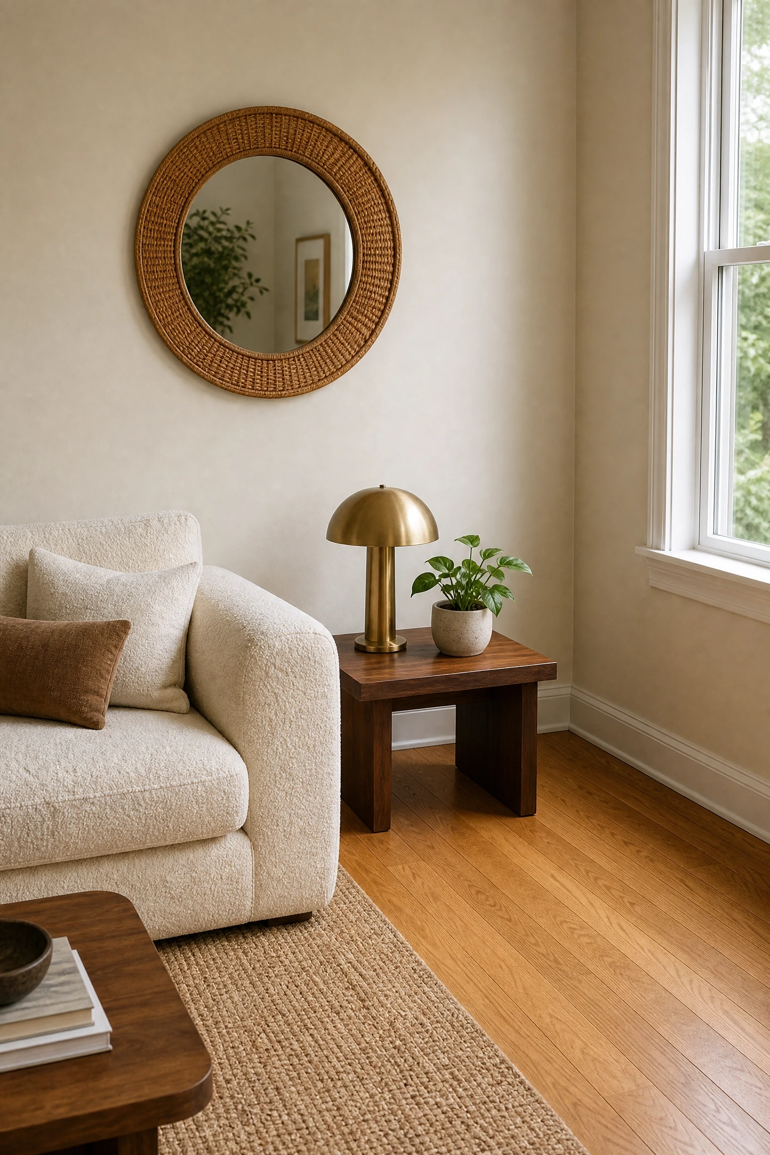 warm honey oak floors with creamy linen walls in a living room