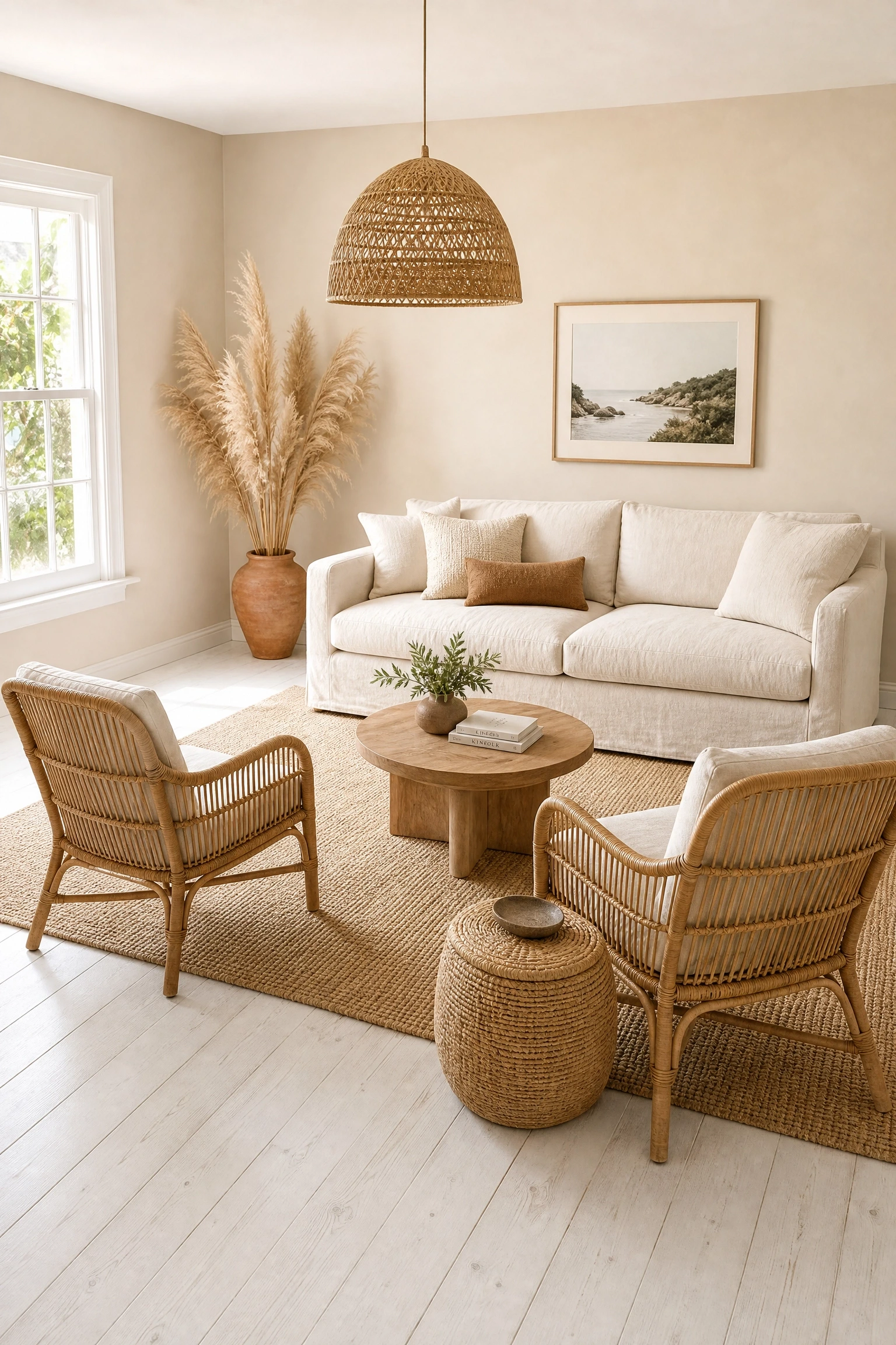 whitewashed pine and warm beige for a coastal-casual feel in a living room