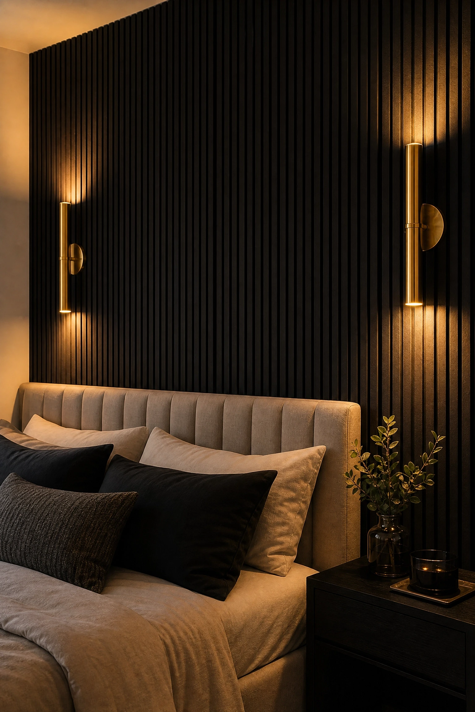 black fluted panels paired with brass hardware and warm lighting in a bedroom