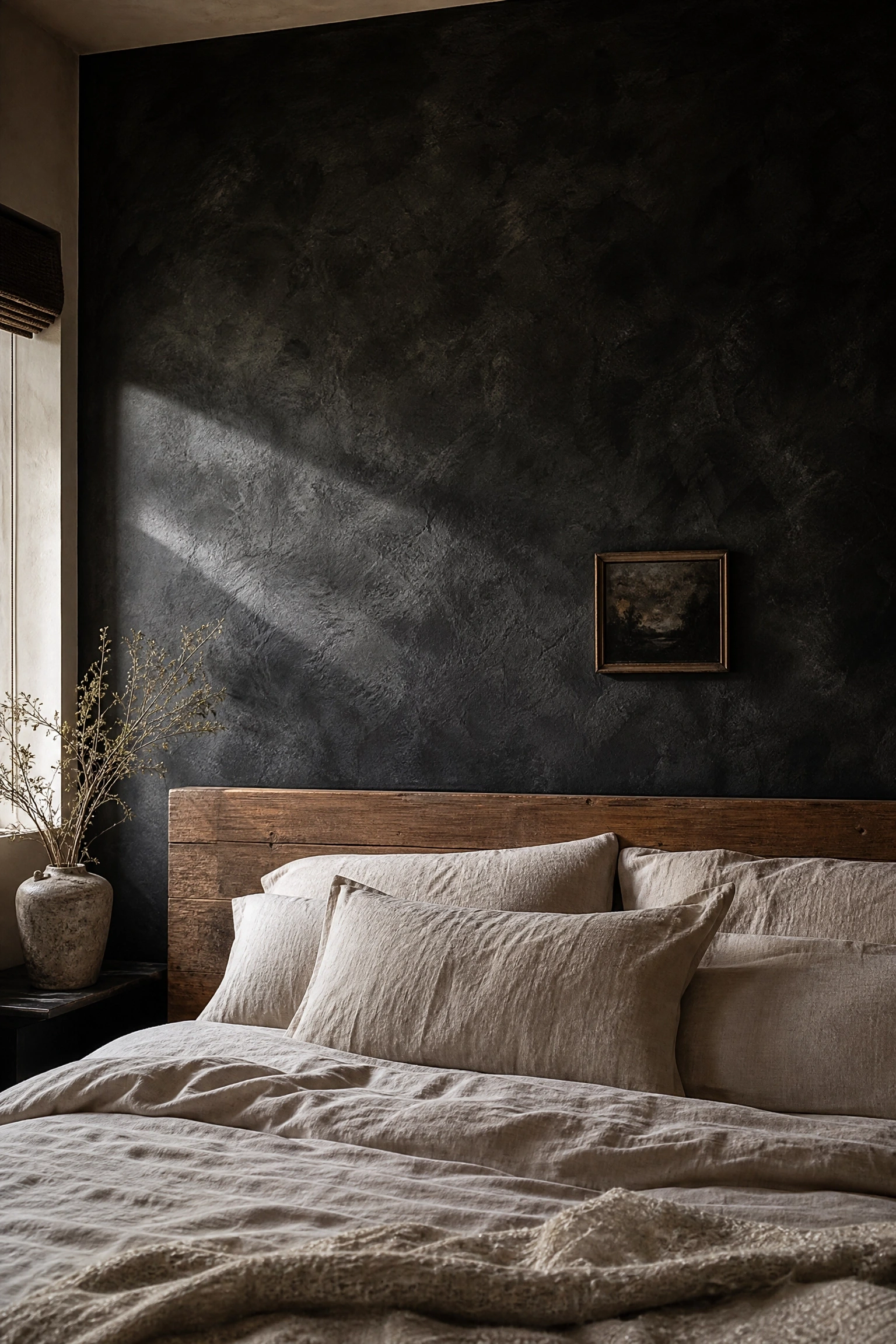 black limewash wall paired with warm linen and raw timber in a bedroom