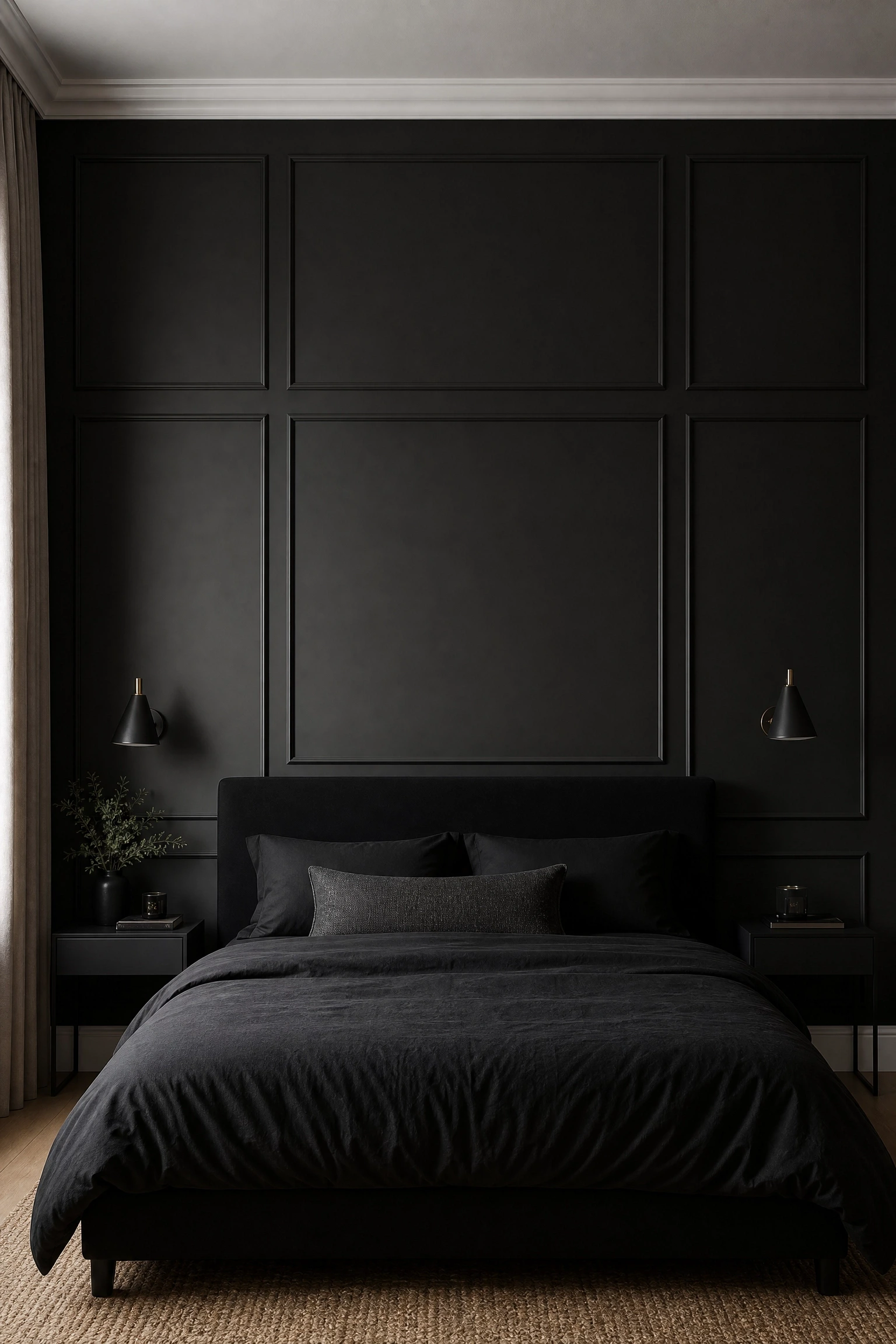black matte paint paired with picture frame moulding in the same colour in a bedroom