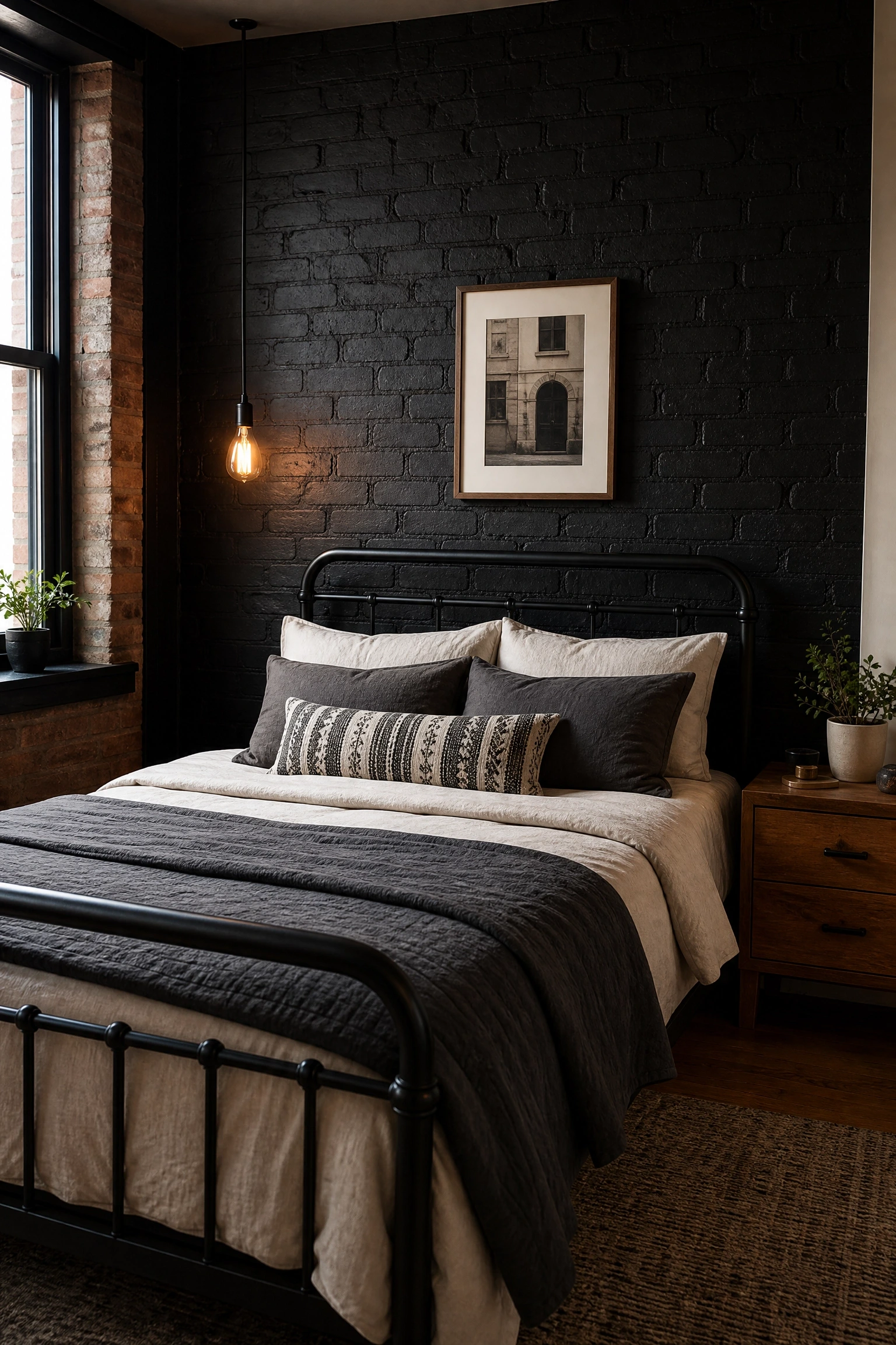 black painted brick paired with industrial and warm elements in a bedroom