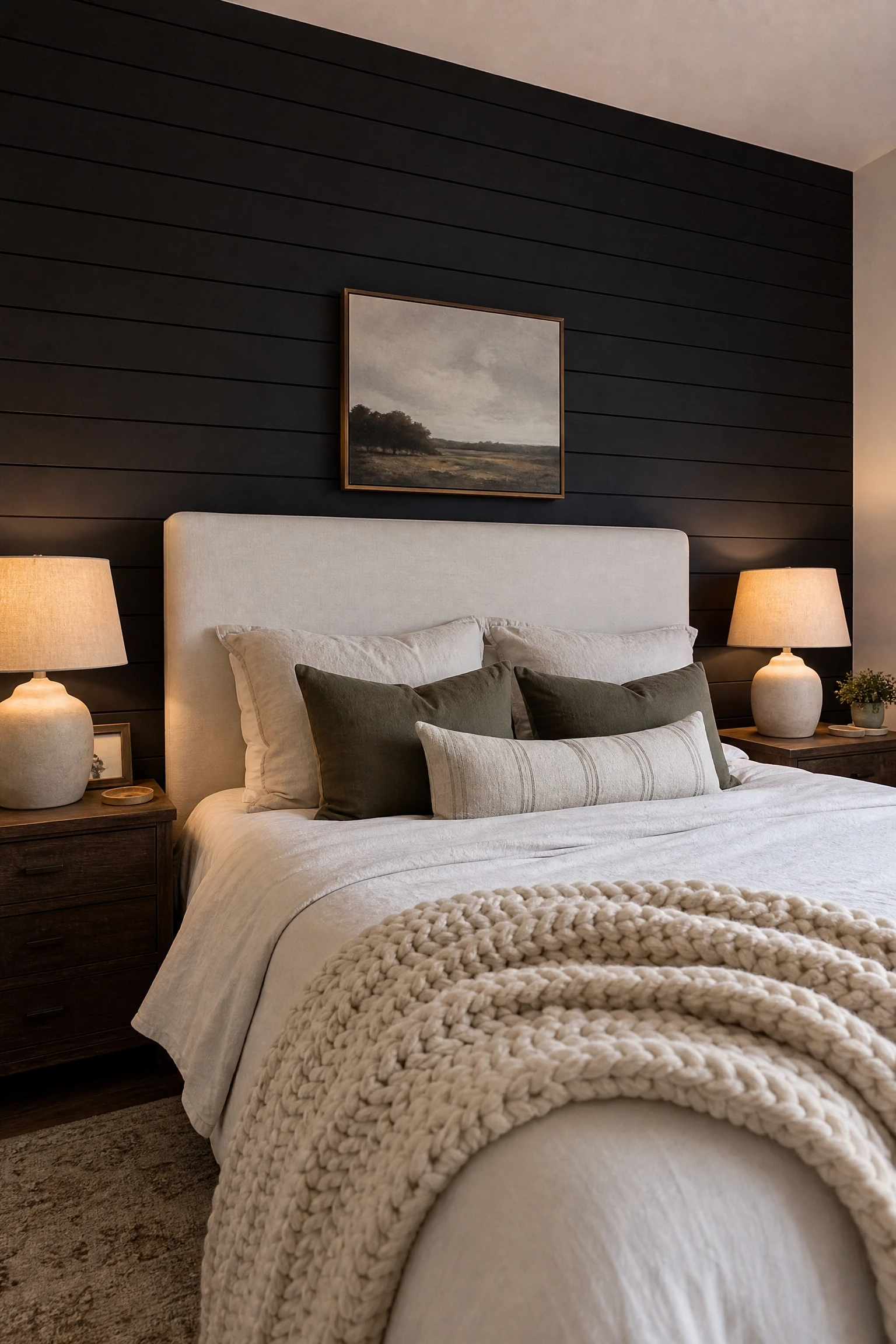 black shiplap or horizontal panelling paired with warm farmhouse elements in a bedroom