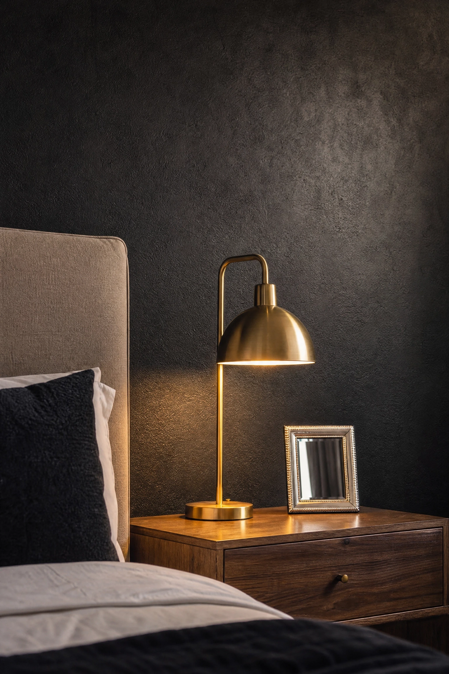 black textured paint finish paired with metallic accessories in a bedroom