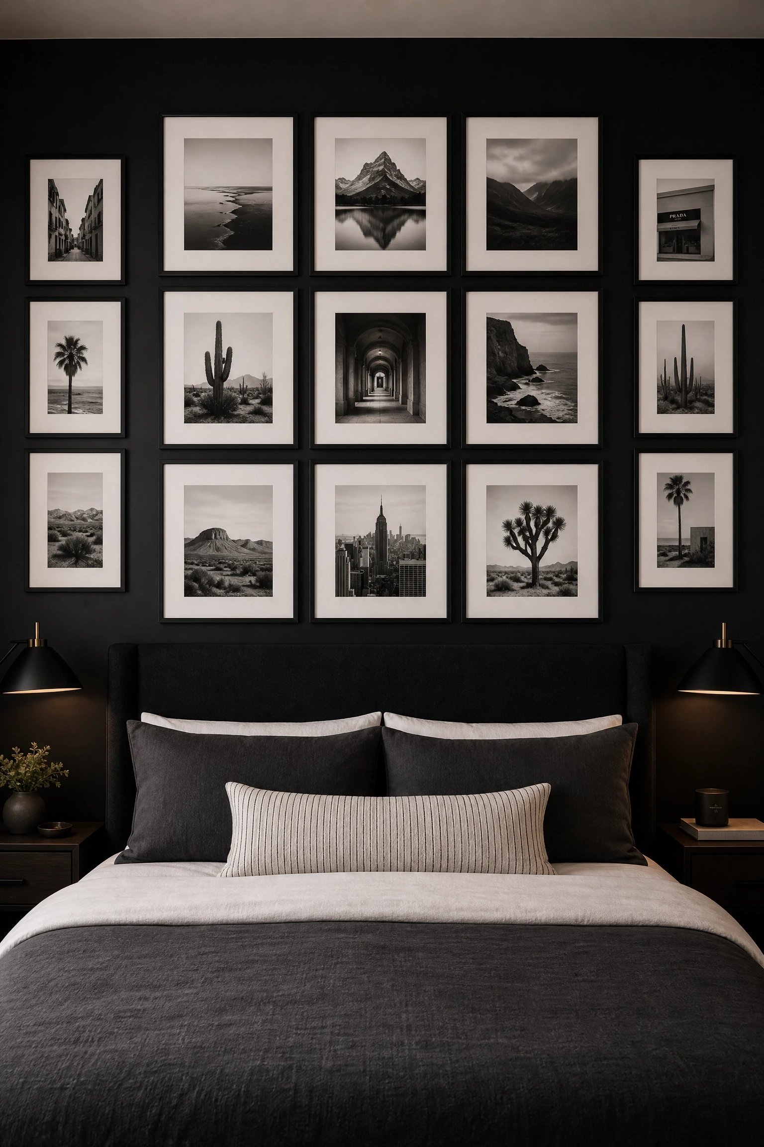 black wall paired with a gallery of artwork in a bedroom