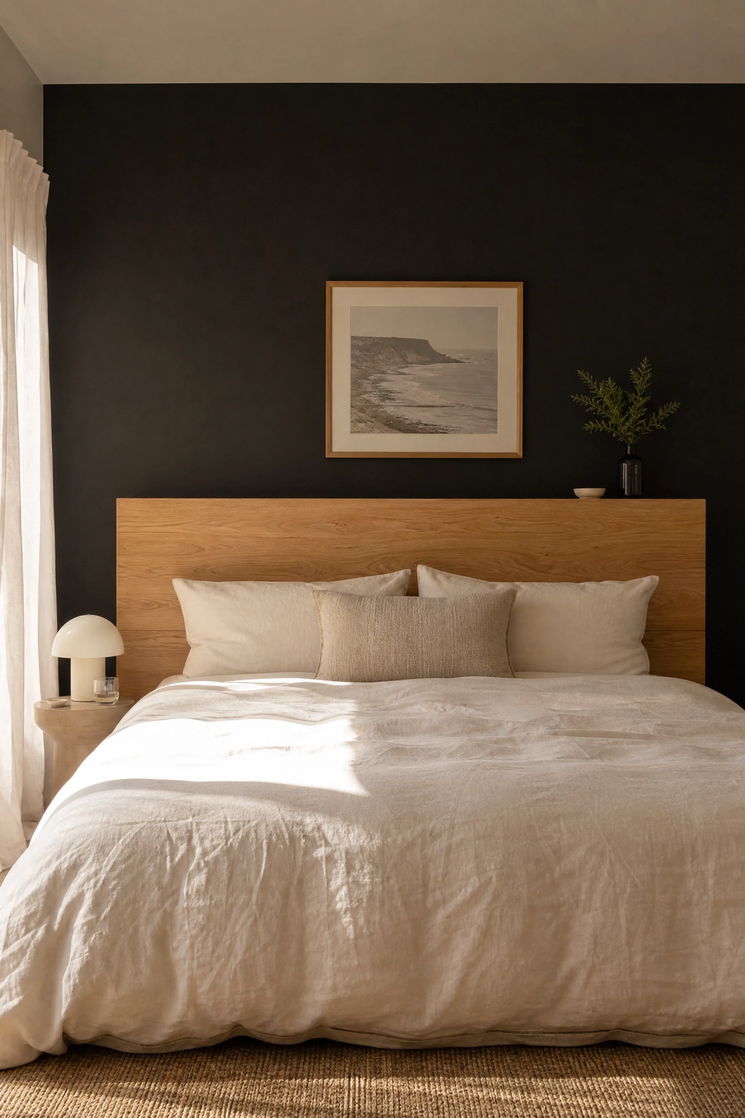 black wall paired with a natural timber headboard in a bedroom
