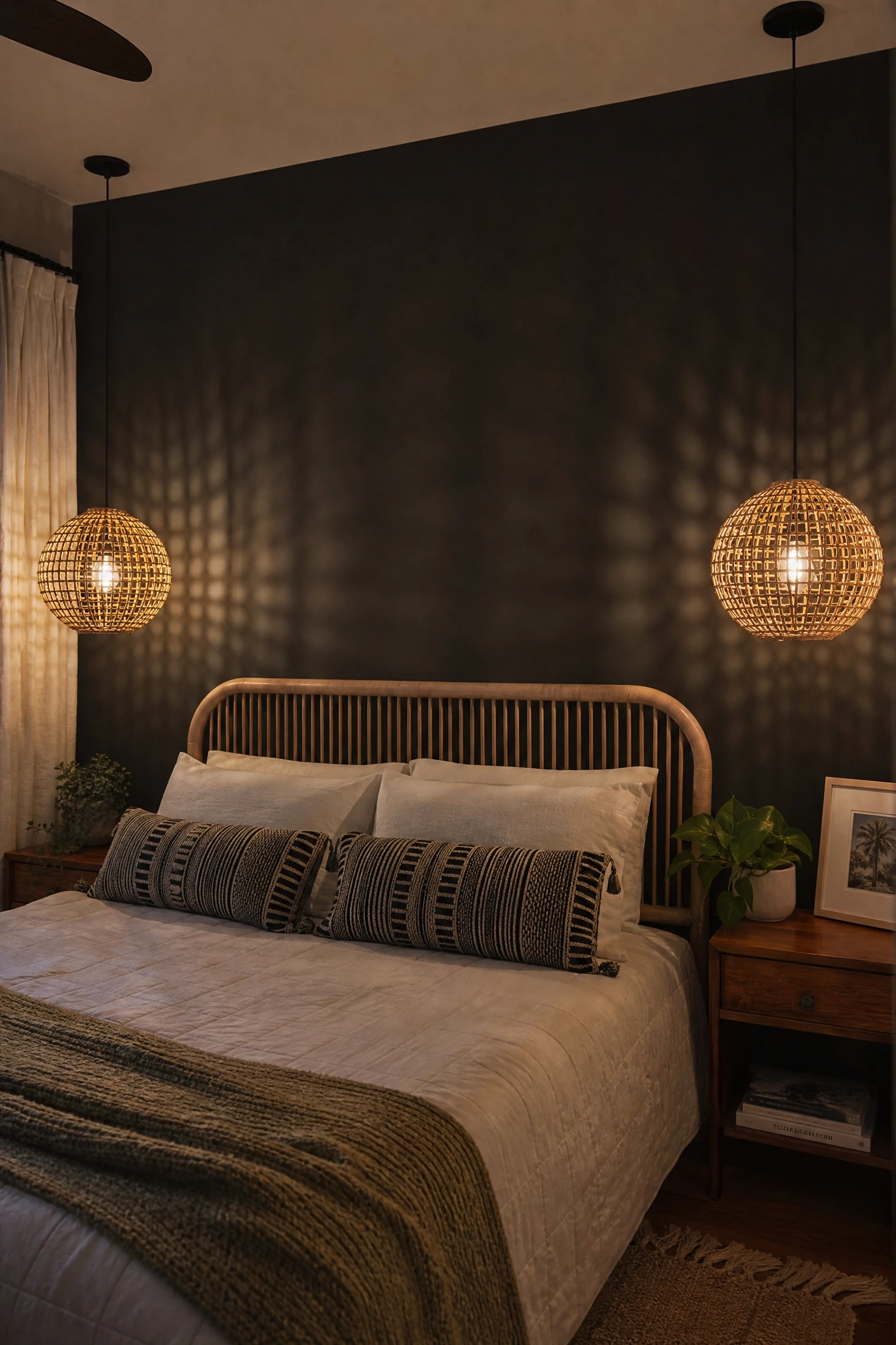 black wall paired with a rattan or woven pendant bedside light in a bedroom