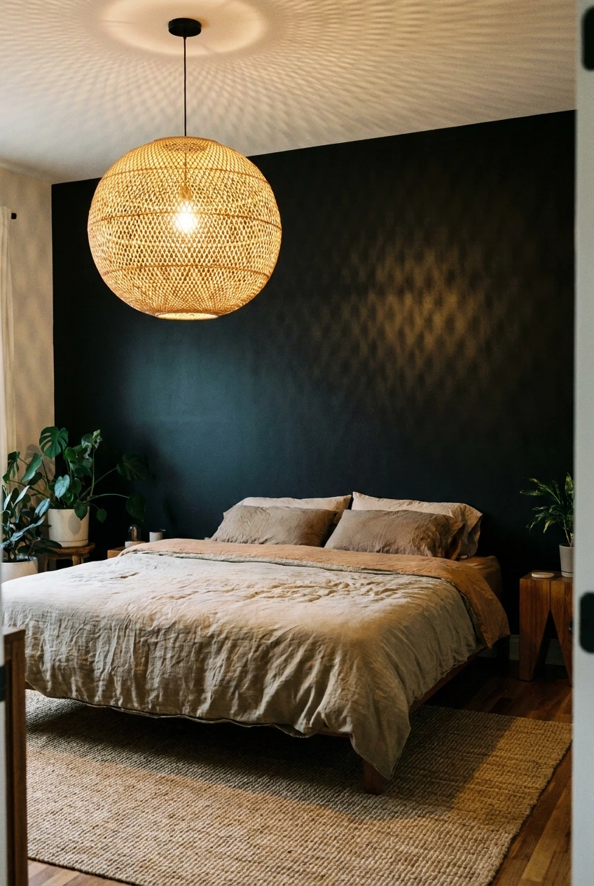 black wall paired with a statement pendant or chandelier in a bedroom