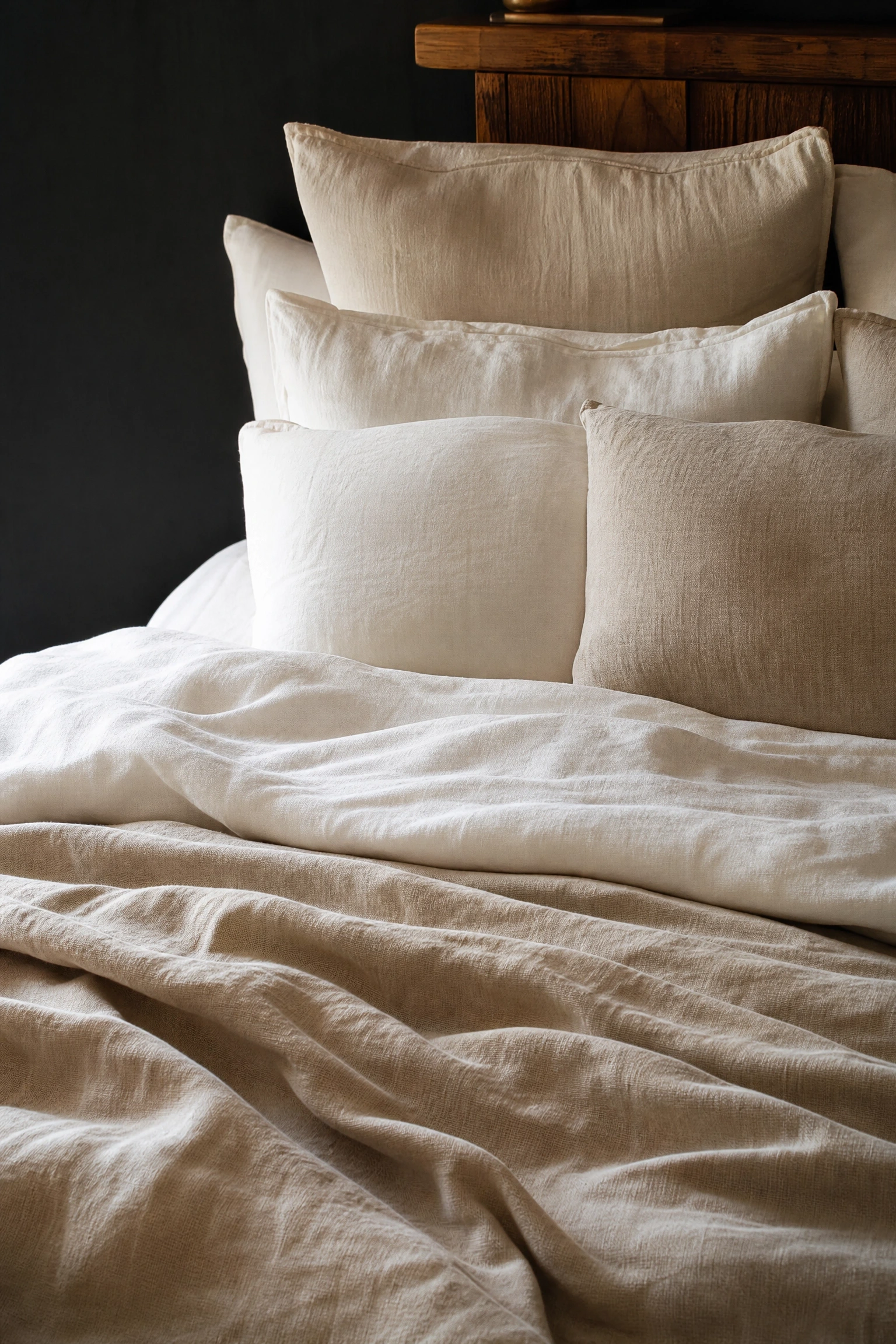 black wall paired with cream and oatmeal linen bedding in a bedroom