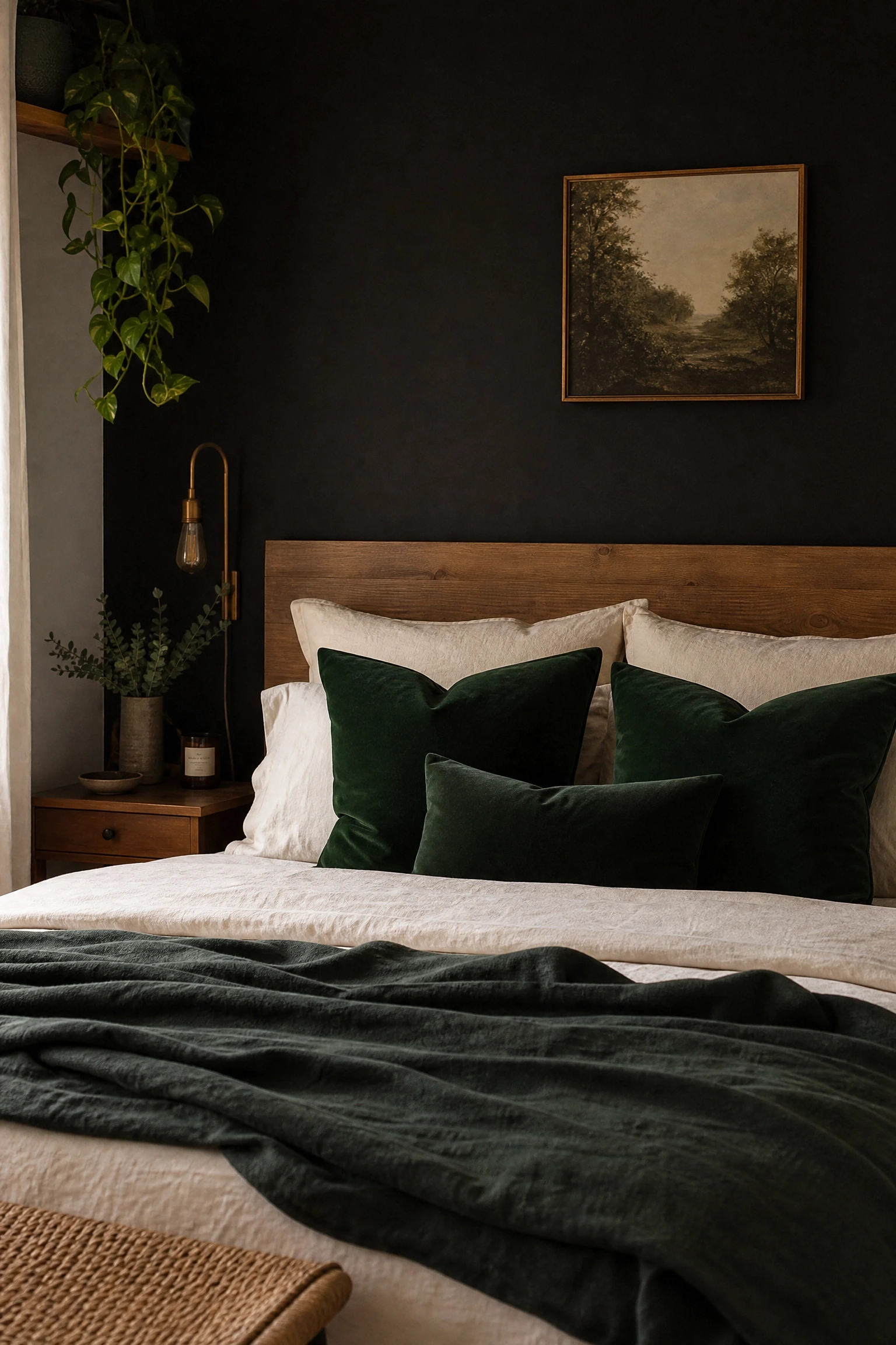 black wall paired with deep forest green bedding and textiles in a bedroom