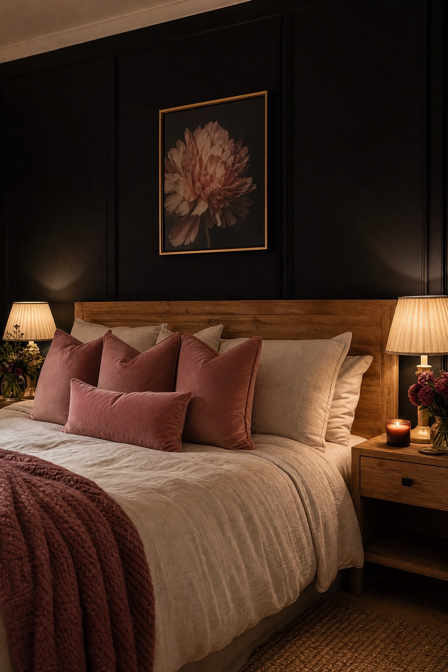 black wall paired with dusty rose or blush pink in a bedroom