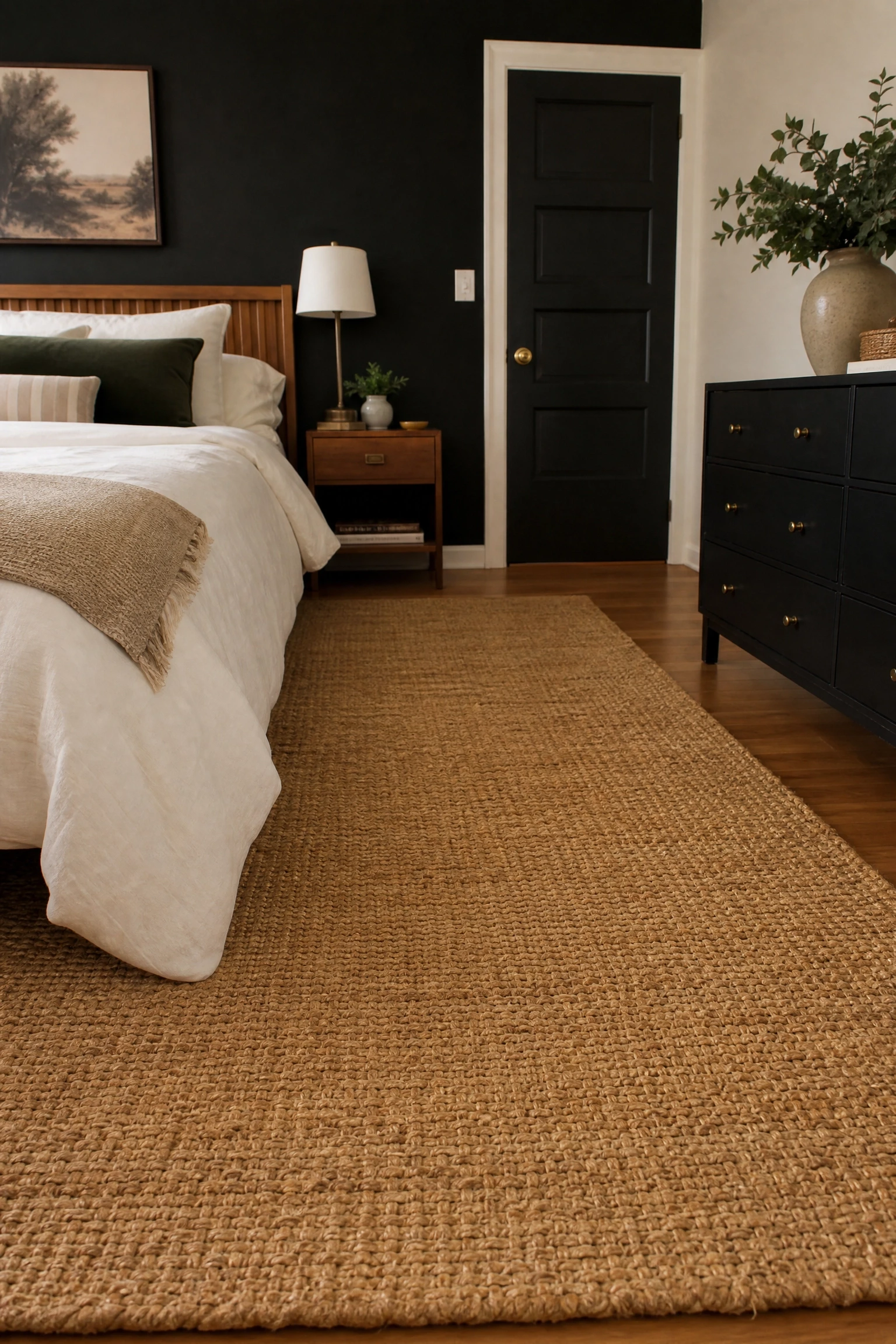black wall paired with jute or sisal rug in a bedroom