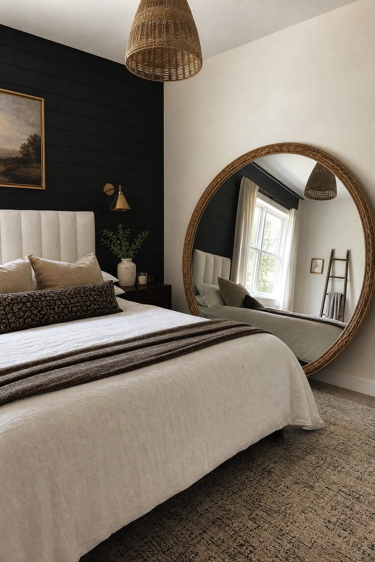 black wall paired with oversized mirror in a bedroom