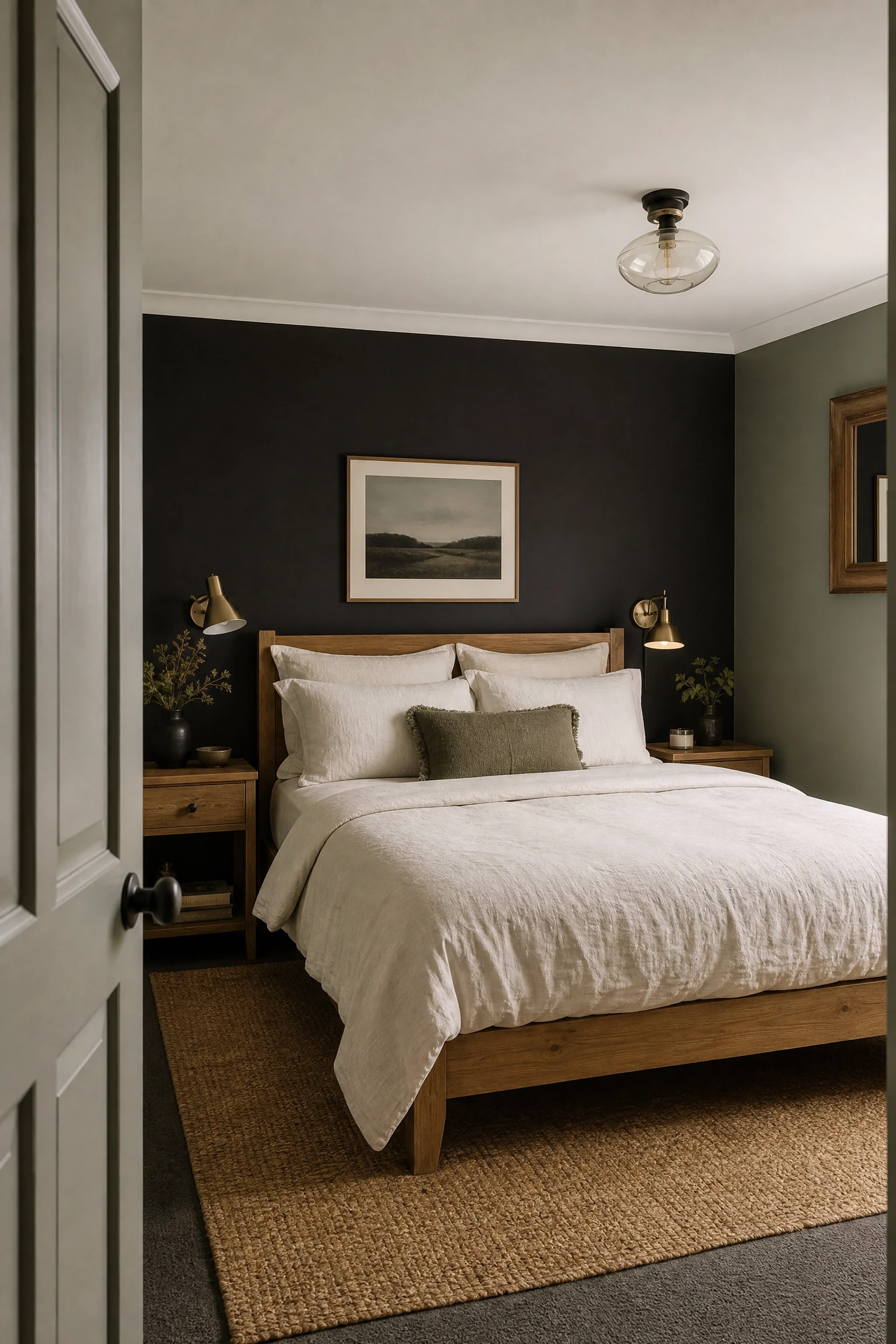 black wall paired with sage green walls on the three remaining sides in a bedroom