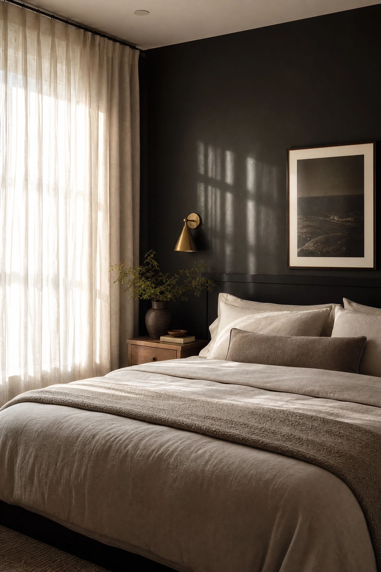 black wall paired with sheer or semi-sheer curtains in a bedroom