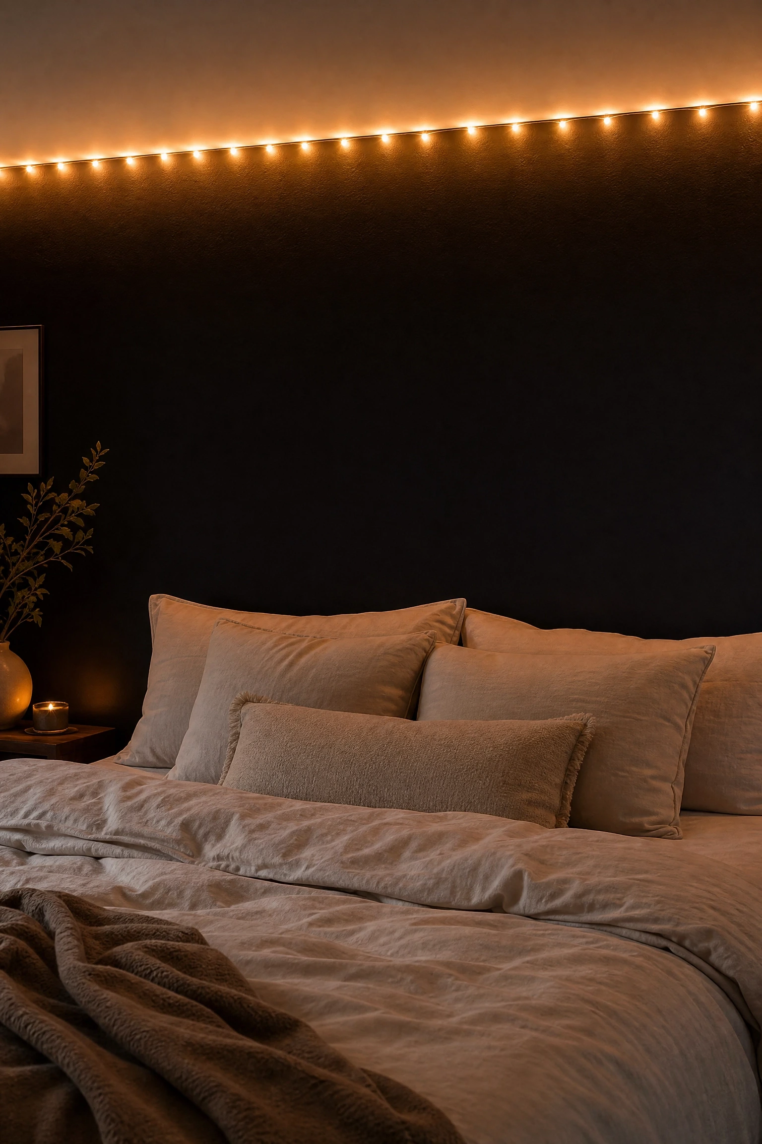 black wall paired with string lights or led strip lighting in a bedroom