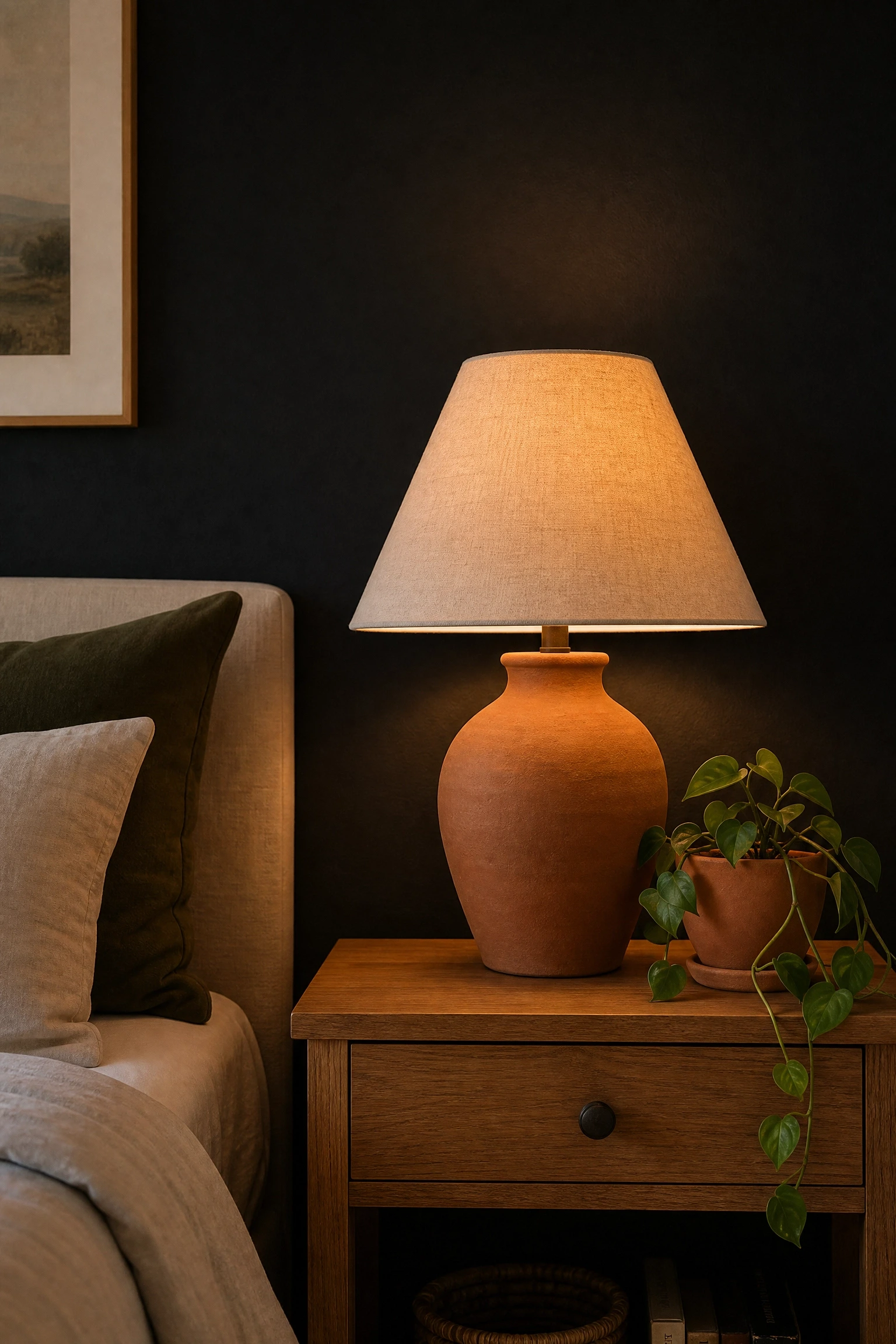 black wall paired with terracotta and earthy accent pieces in a bedroom