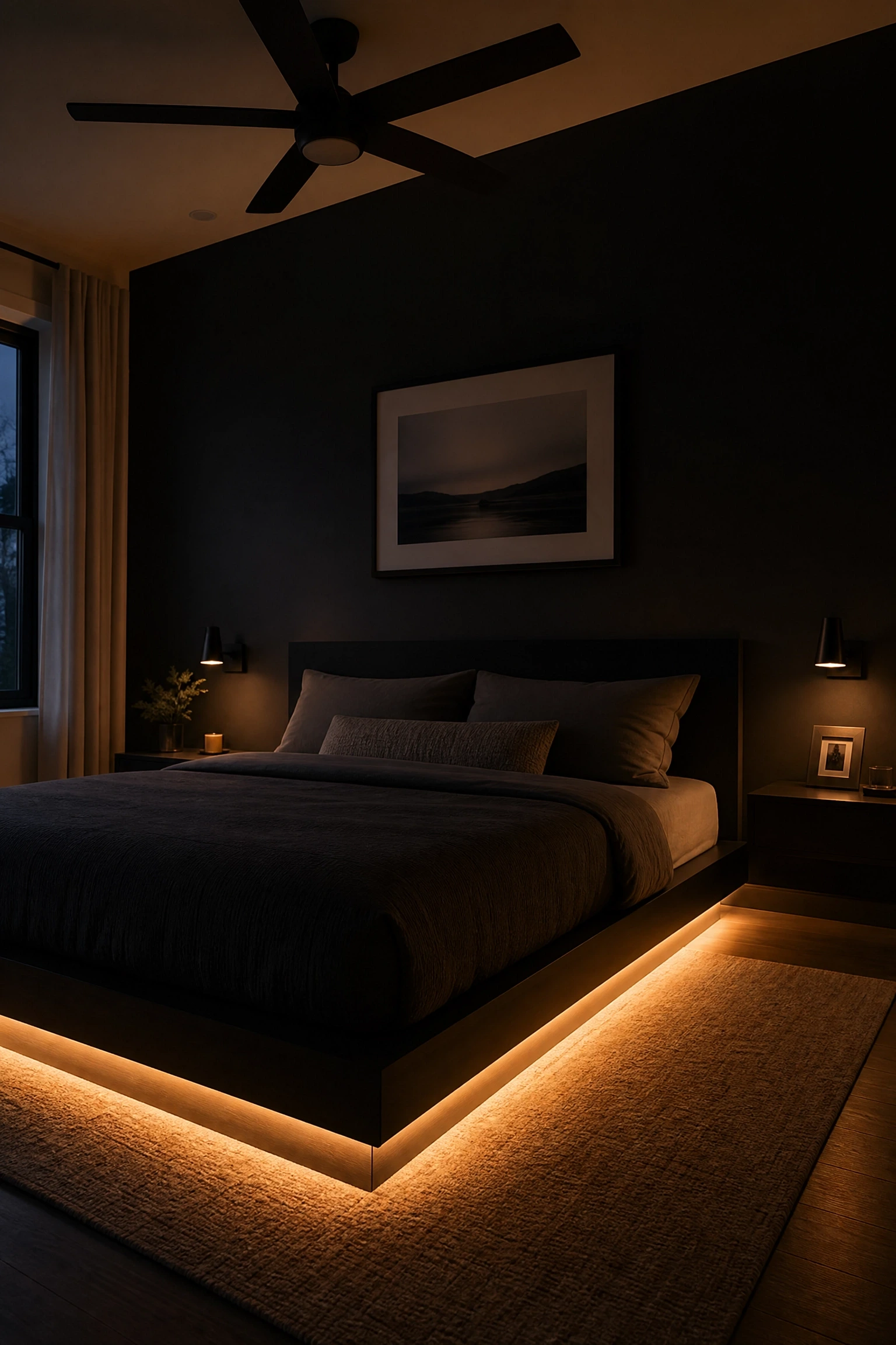 black wall paired with under-bed led lighting in a bedroom
