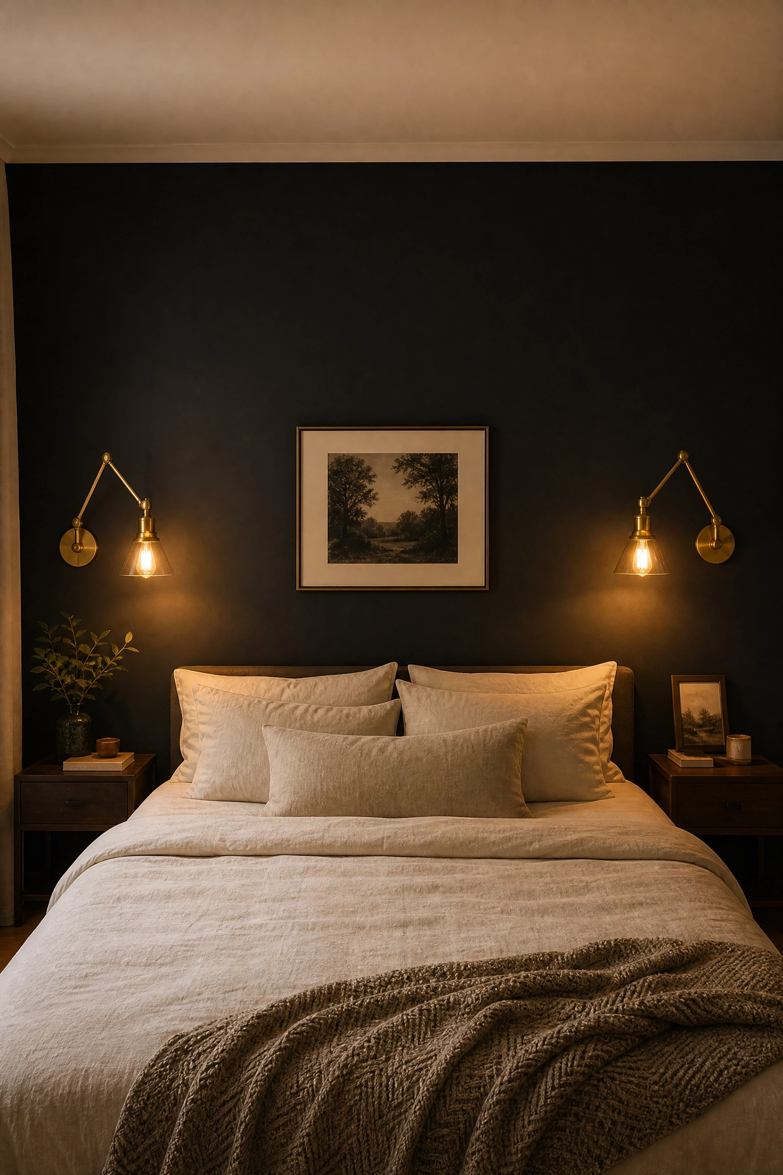 black wall paired with wall-mounted sconces in a bedroom