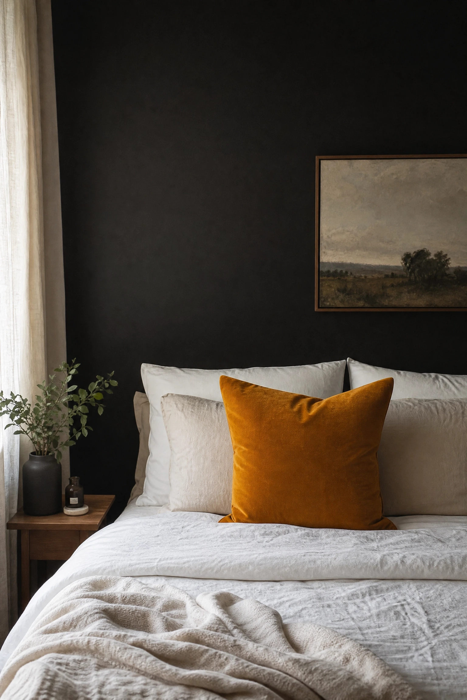 black wall paired with warm mustard or ochre accents in a bedroom