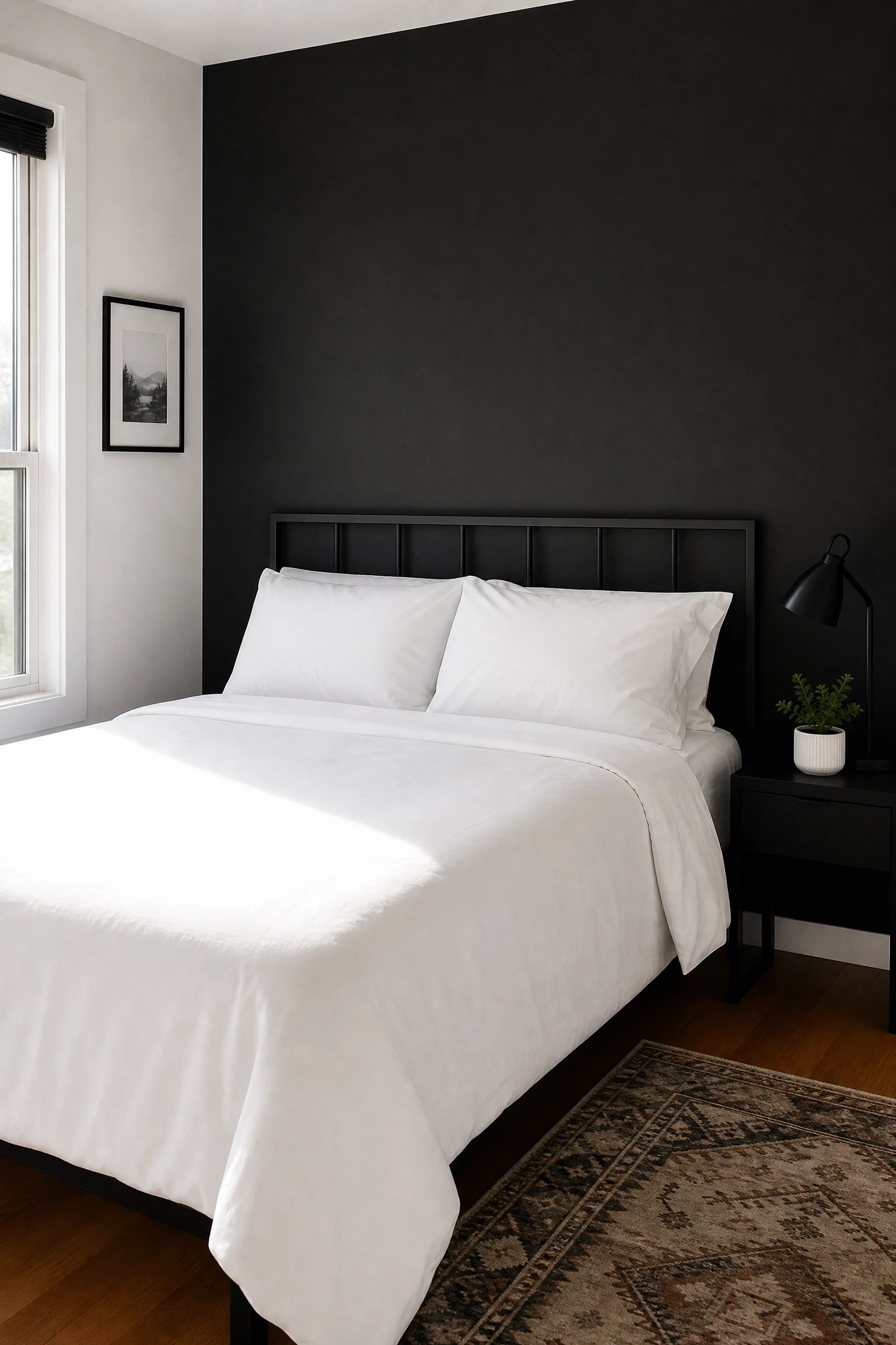 black wall paired with warm white and crisp bright white in a bedroom