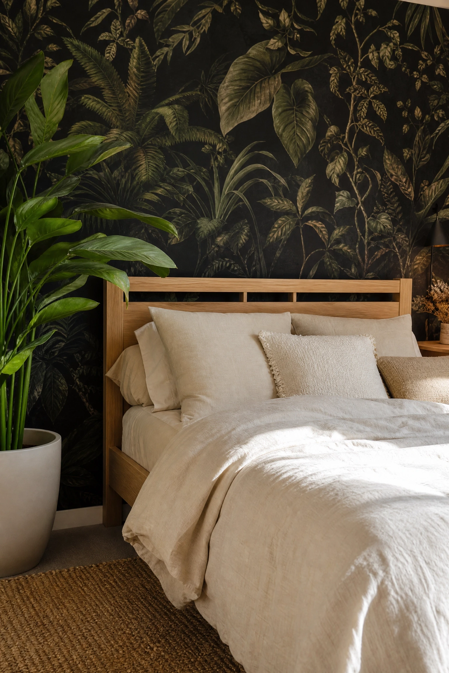 black wallpaper paired with natural wood and botanical elements in a bedroom