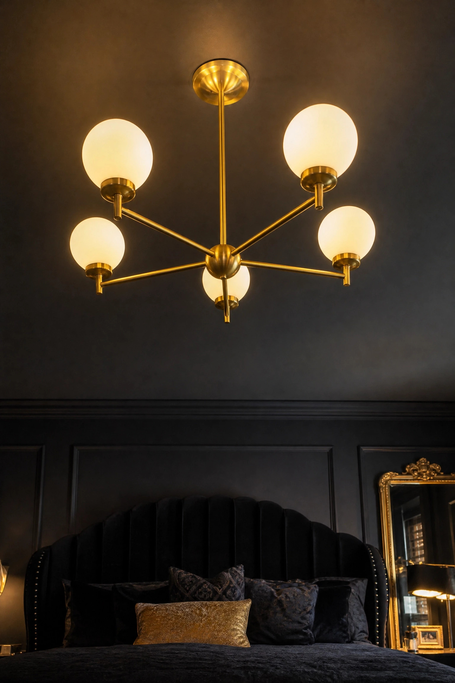 gold lighting looks cheap in the rooms you have seen: the problem is scale in a bedroom