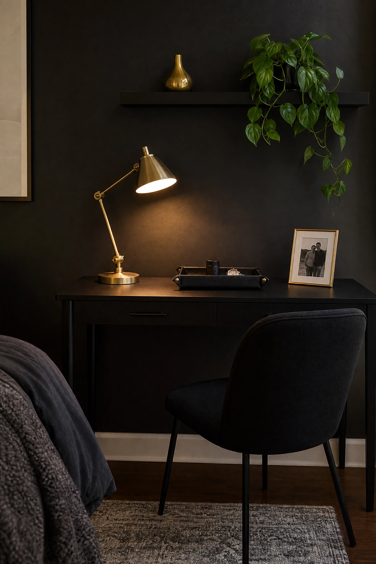 the bedroom doubles as a home office and looks chaotic: use a black desk with gold accessories