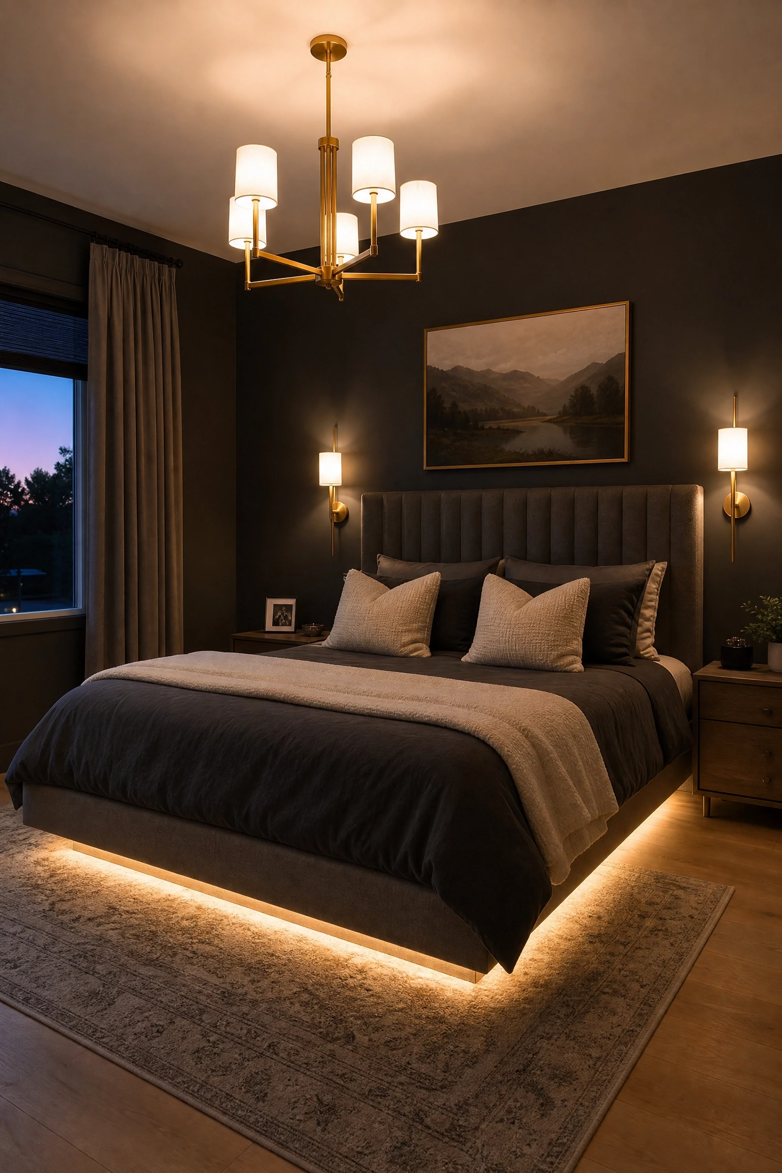 the black walls make the room dark even during the day: layer your lighting in a bedroom