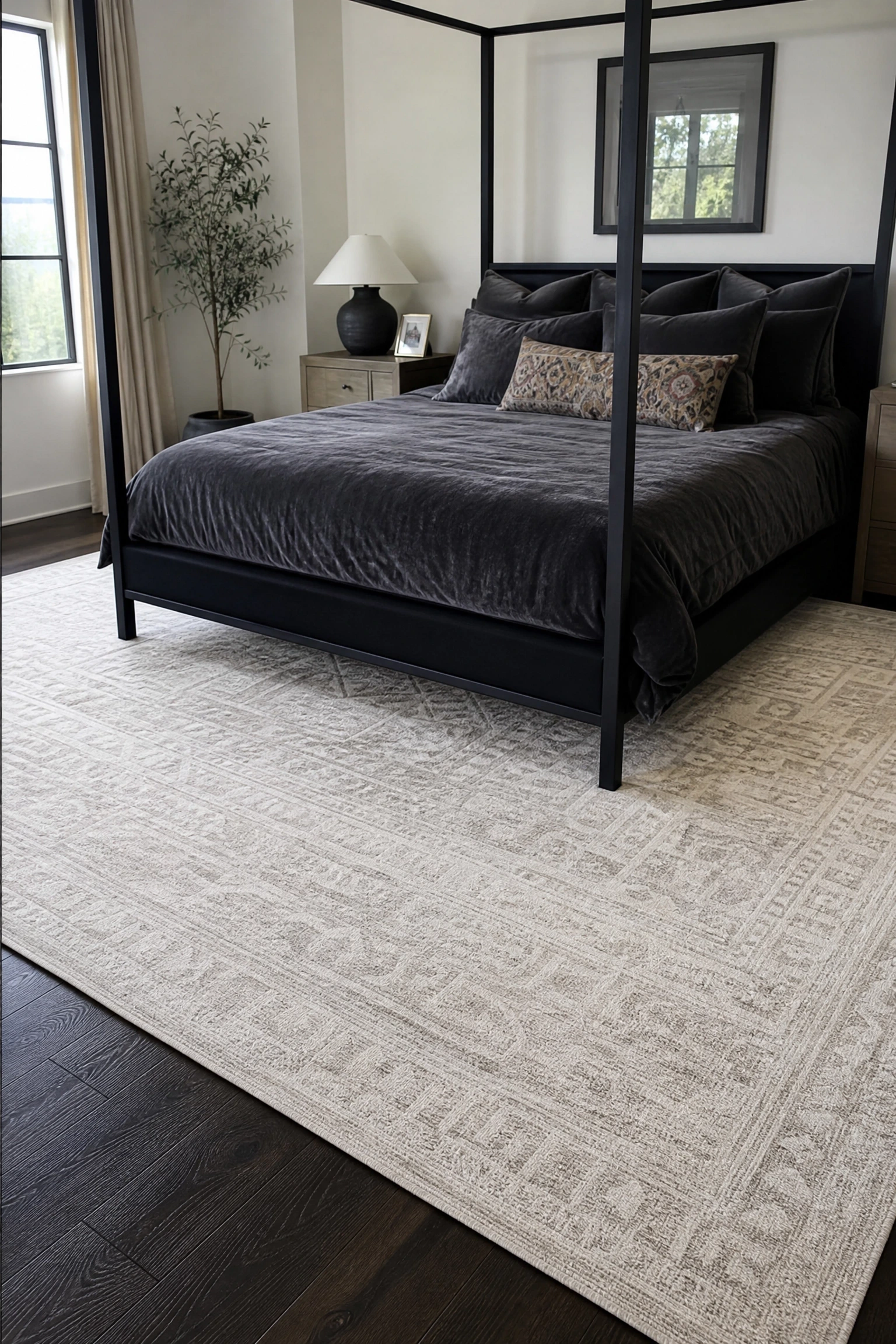 the floor gets lost in the drama: use a high-contrast rug in a bedroom