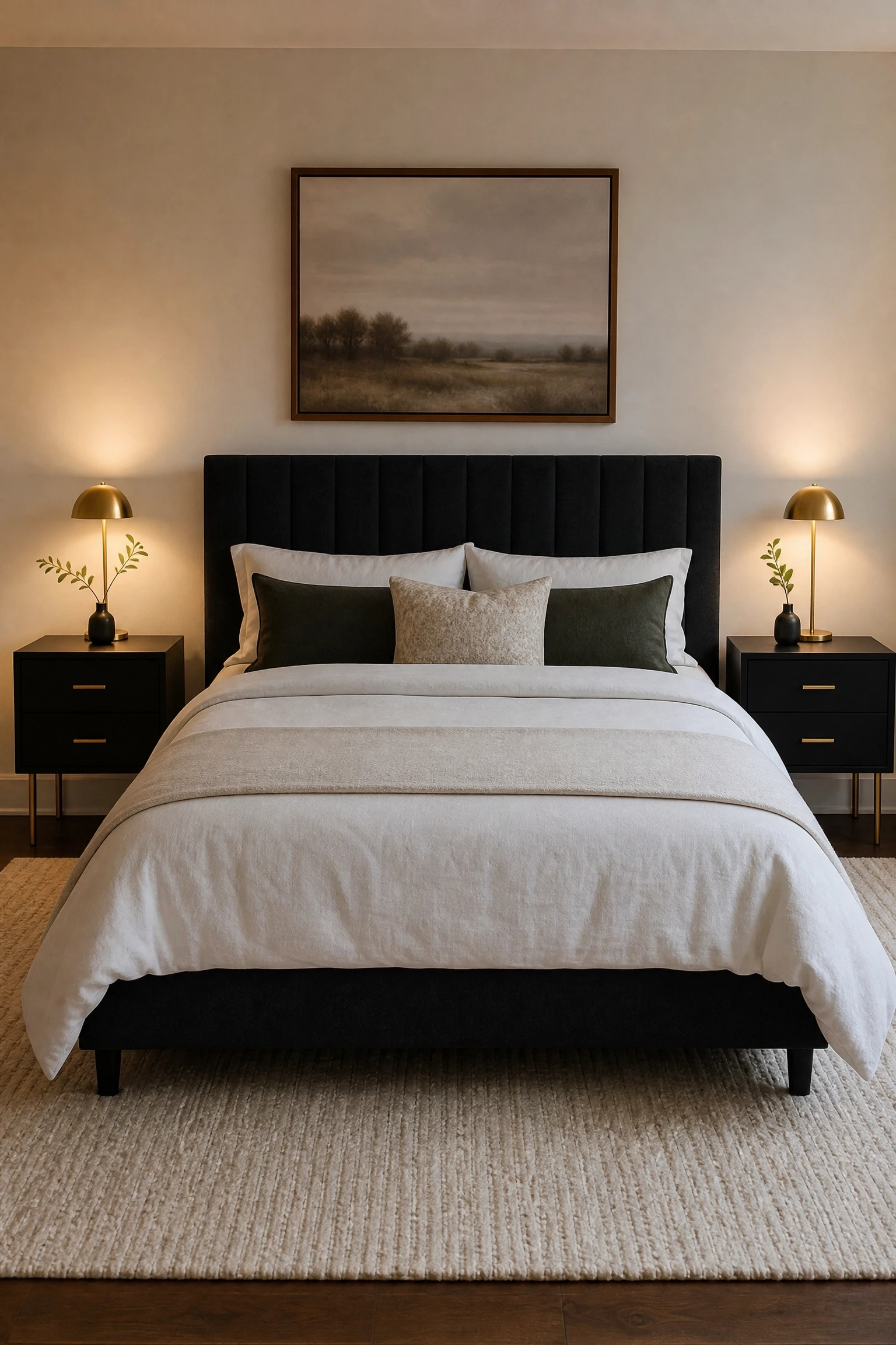 the nightstands look boring and mismatched: go for black with gold legs in a bedroom