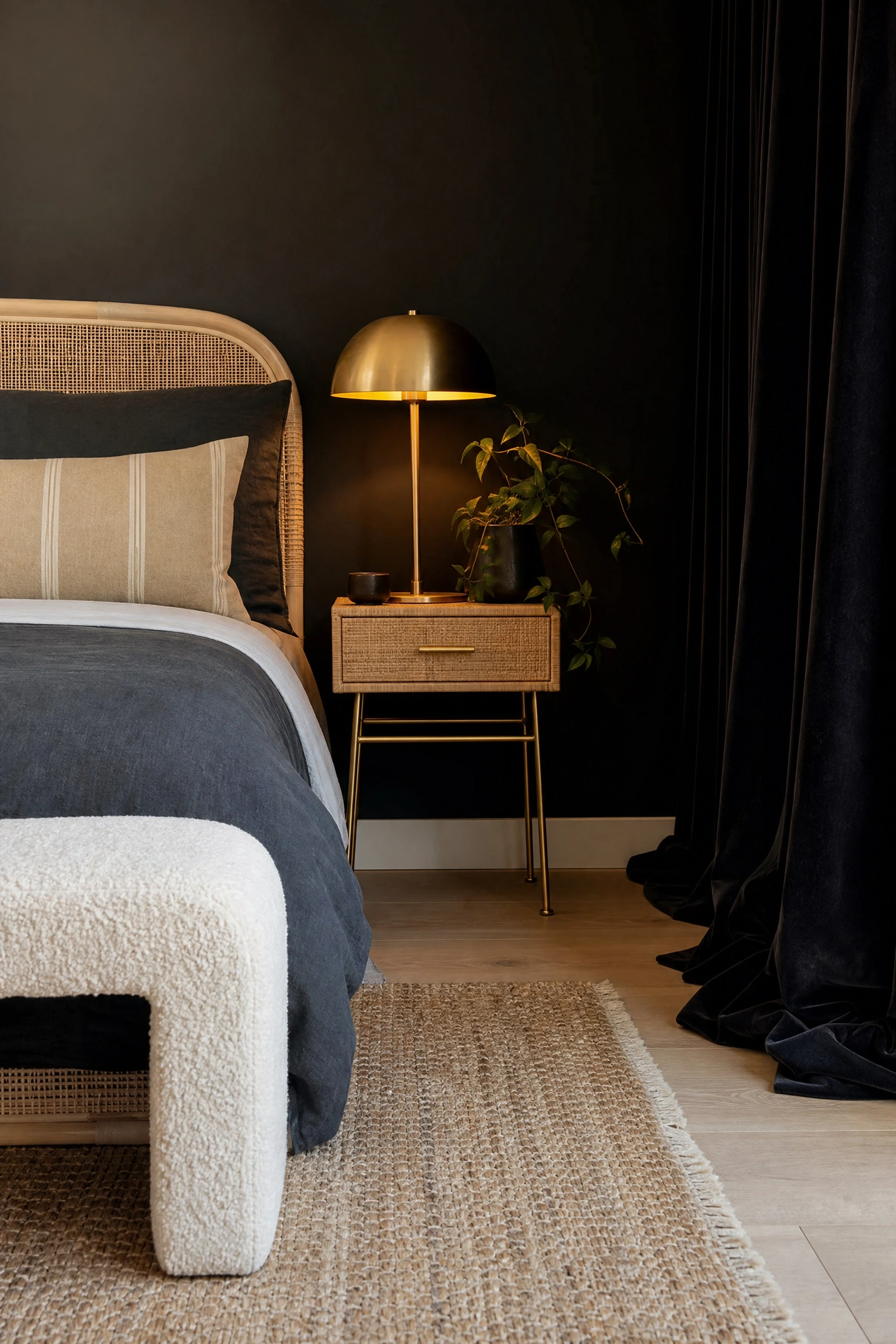 the room feels flat even with black and gold: add textural contrast in a bedroom