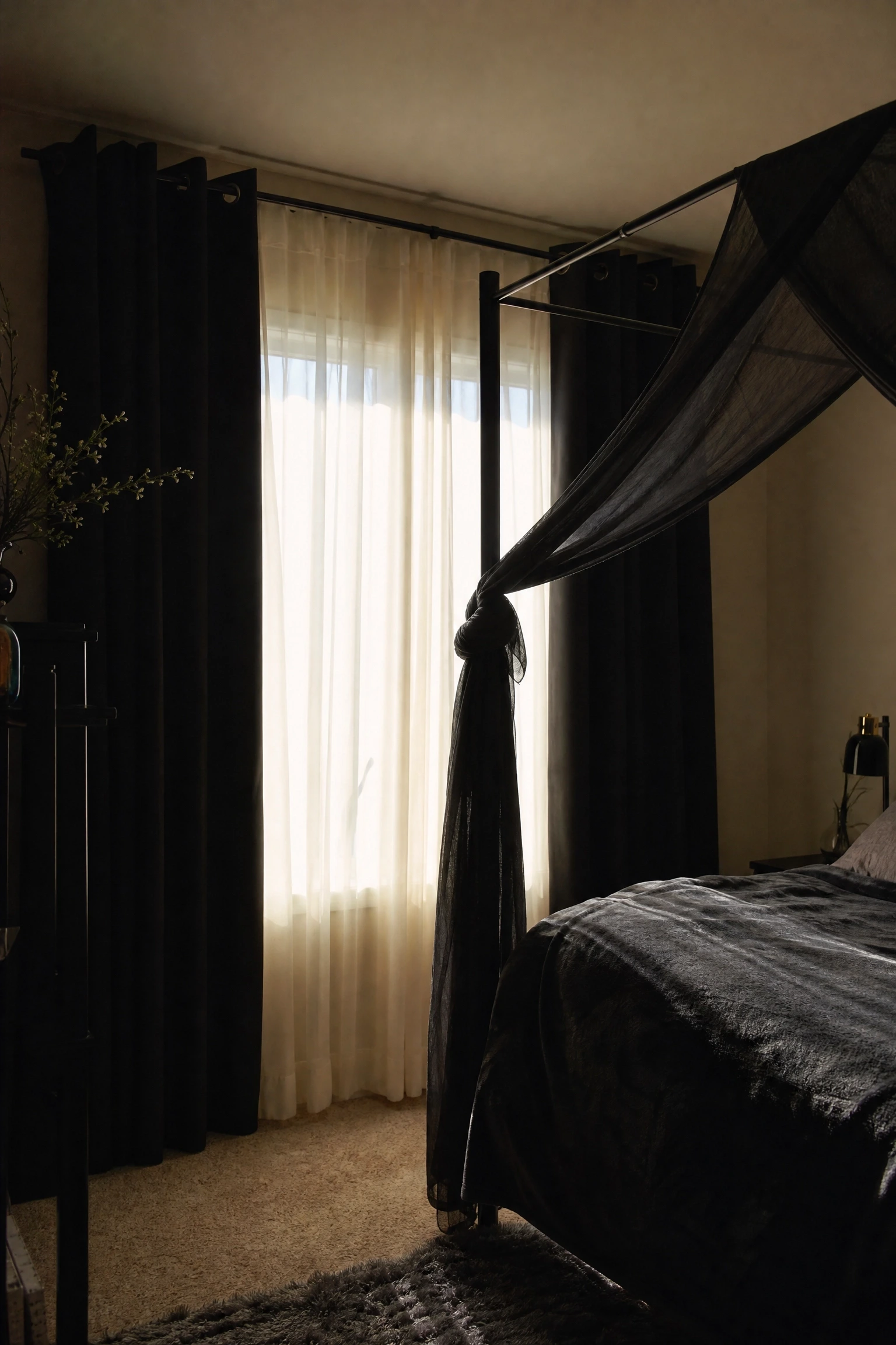 the room feels too masculine or too hard: soften with sheer black or ivory layers in a bedroom