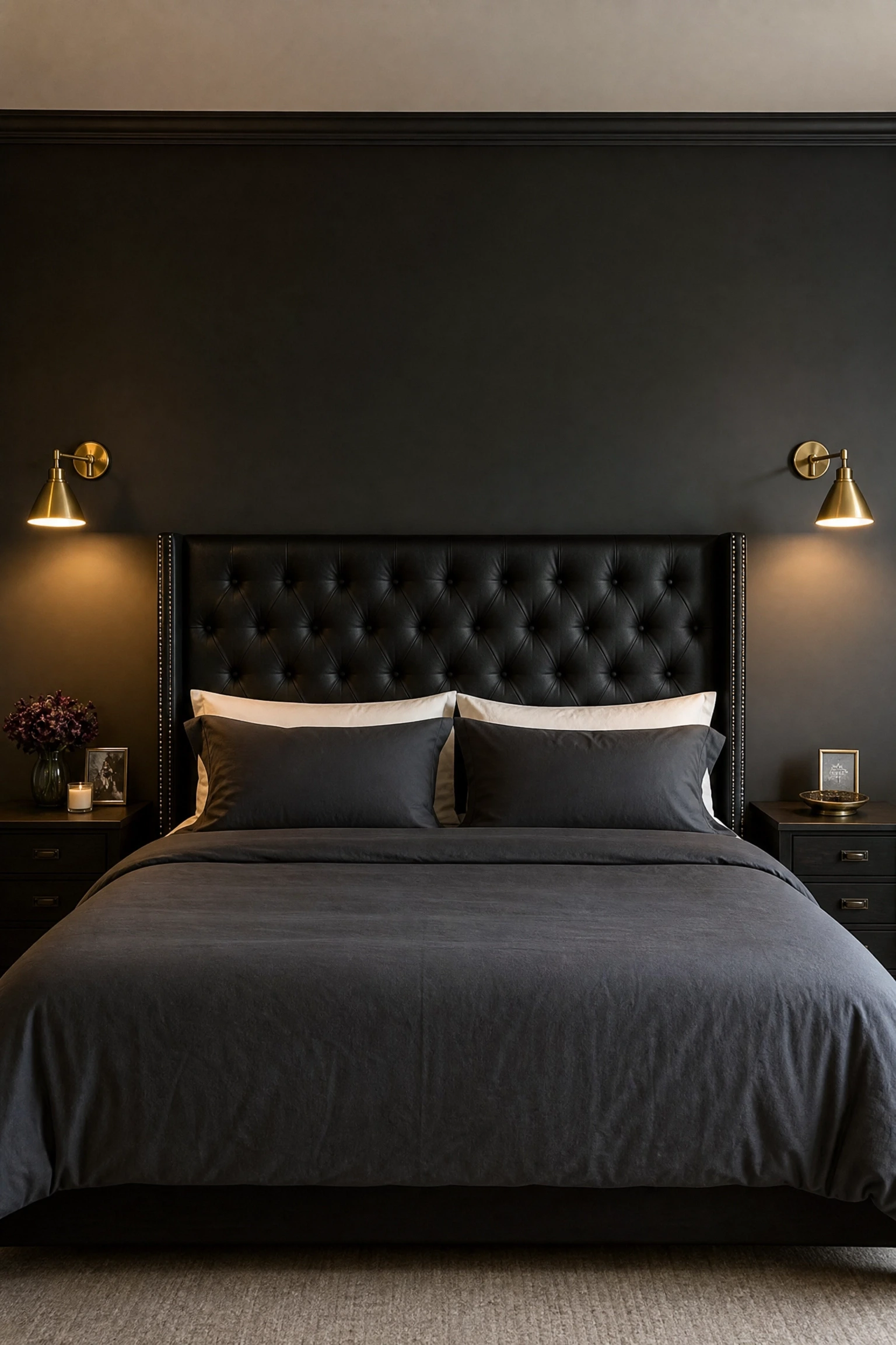 the room has no focal point: frame the bed with gold wall sconces in a bedroom