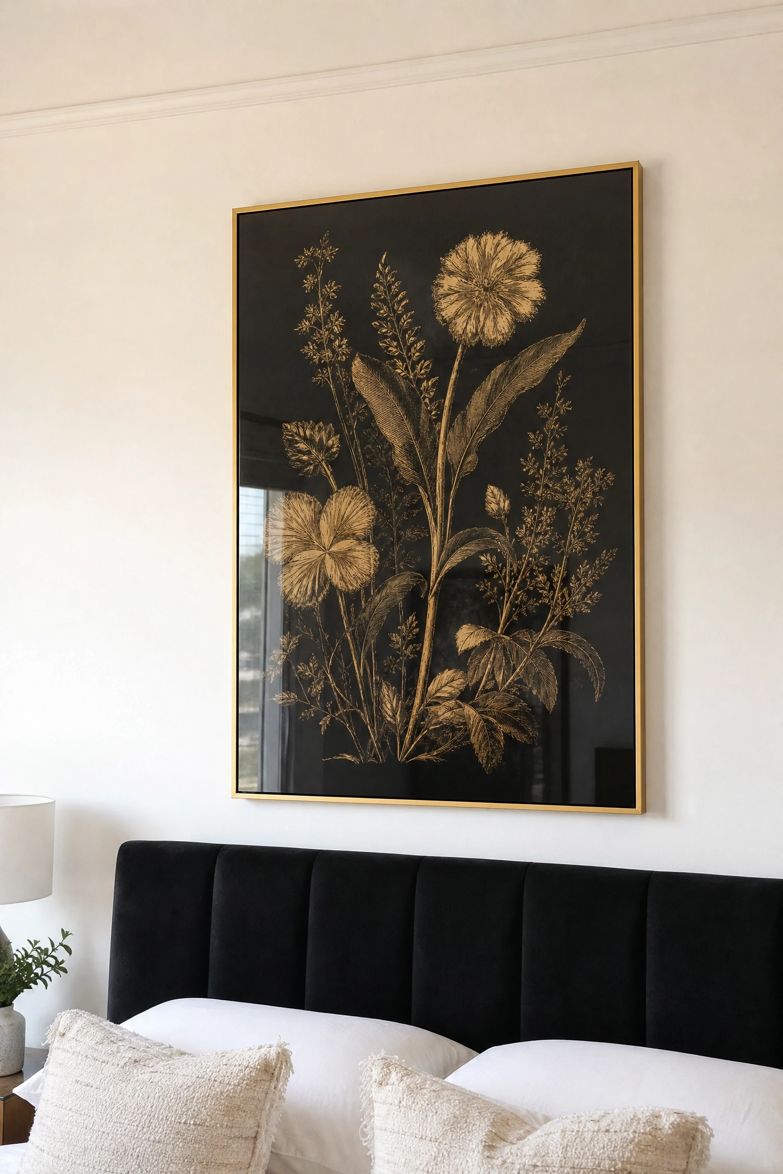 the room has no personality: add black and gold botanical or abstract wall art in a bedroom
