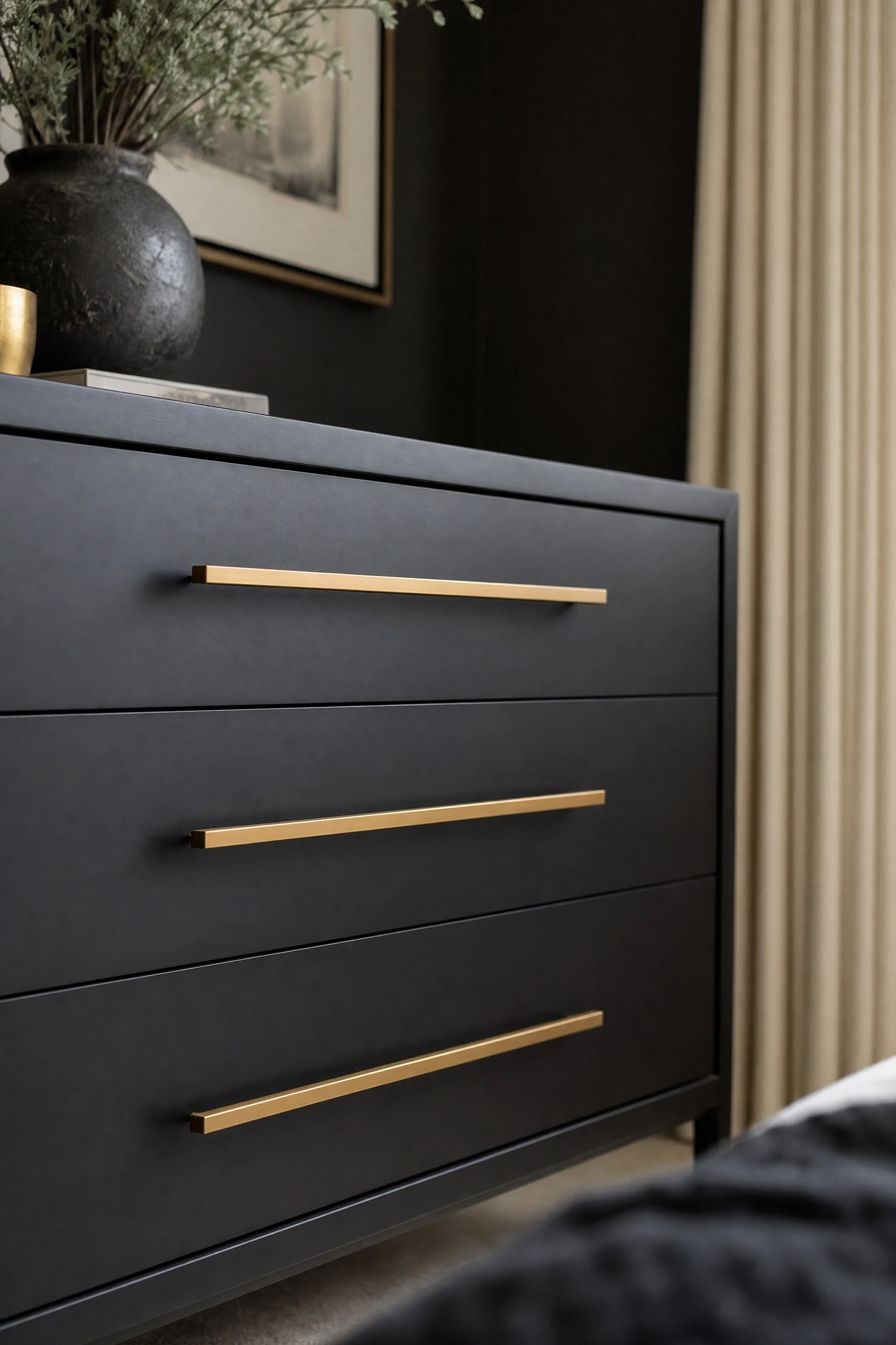 the room looks cold and harsh: swap every fixture for brushed gold in a bedroom