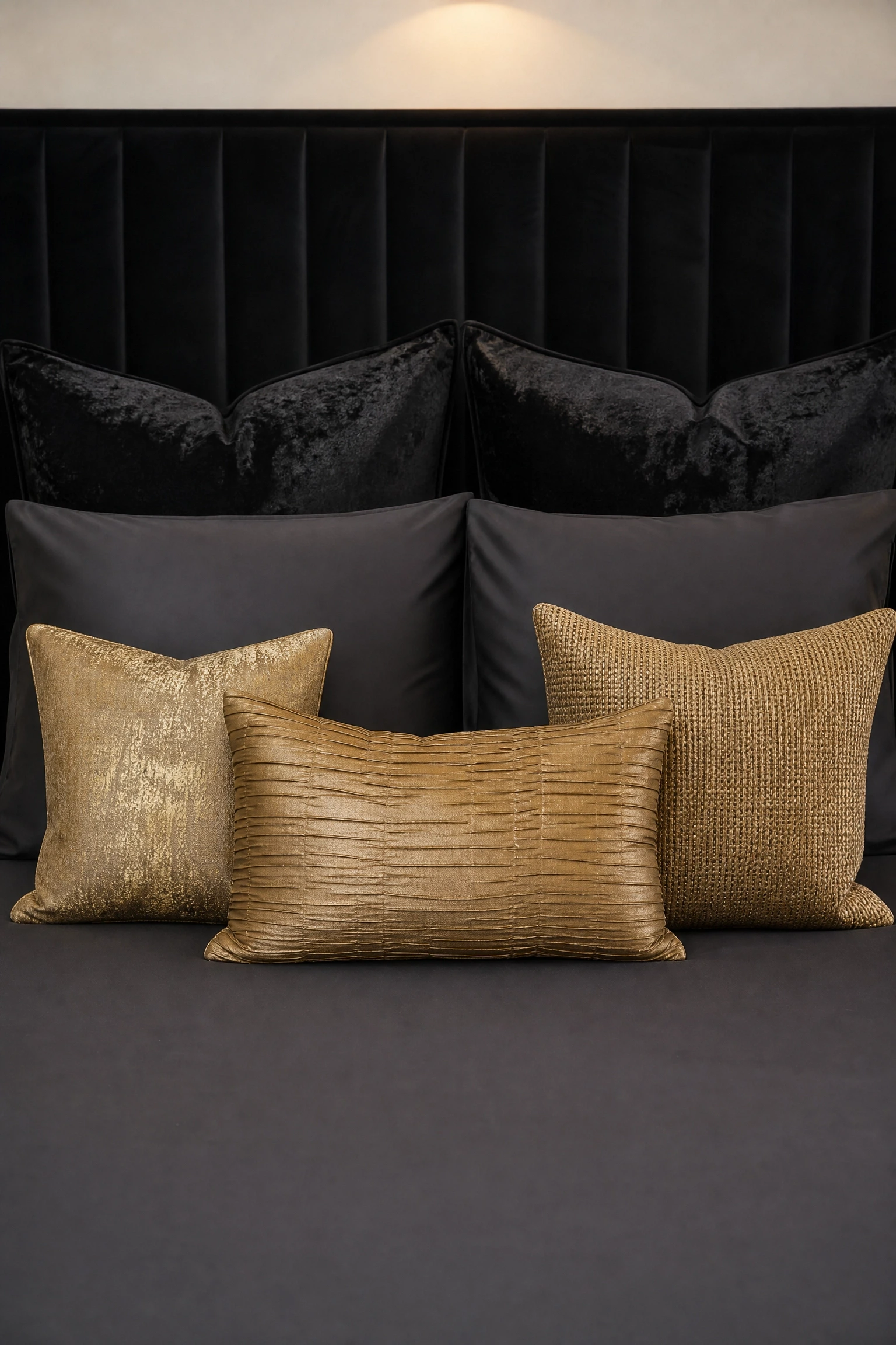 the throw pillows keep sliding around and looking messy: arrange them by size and texture in a bedroom