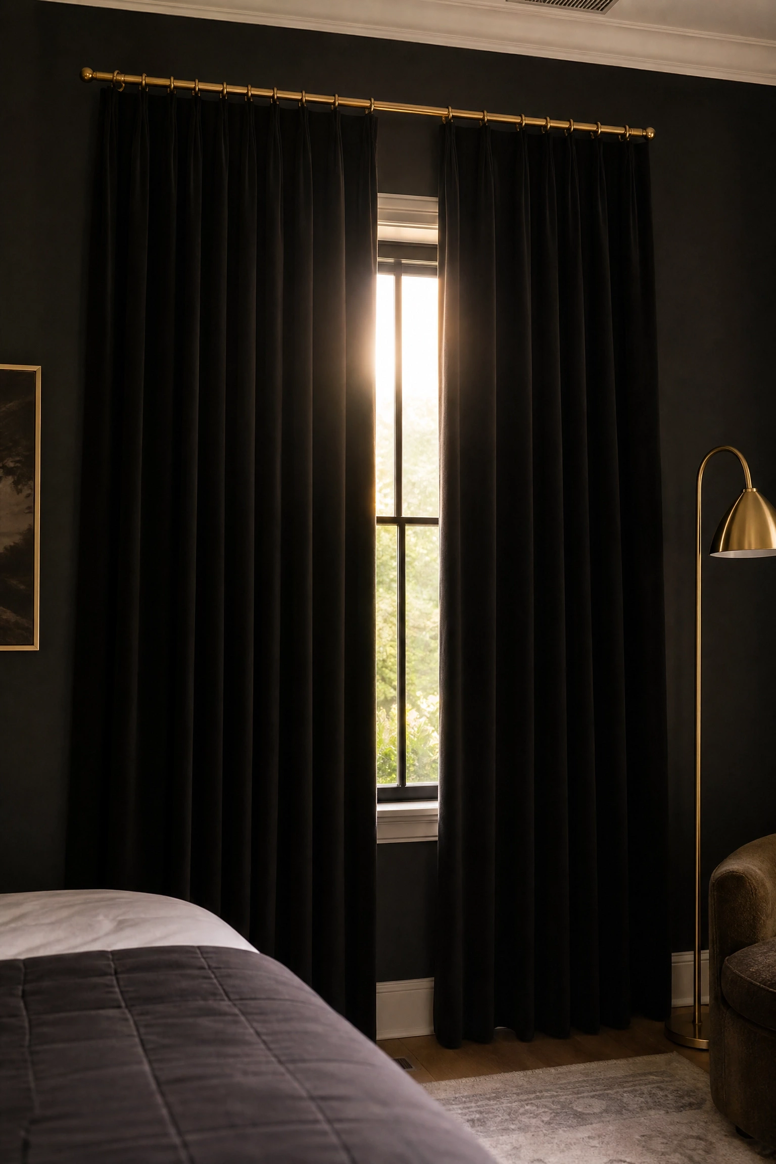 the windows feel bare and basic: hang floor-to-ceiling black velvet curtains in a bedroom