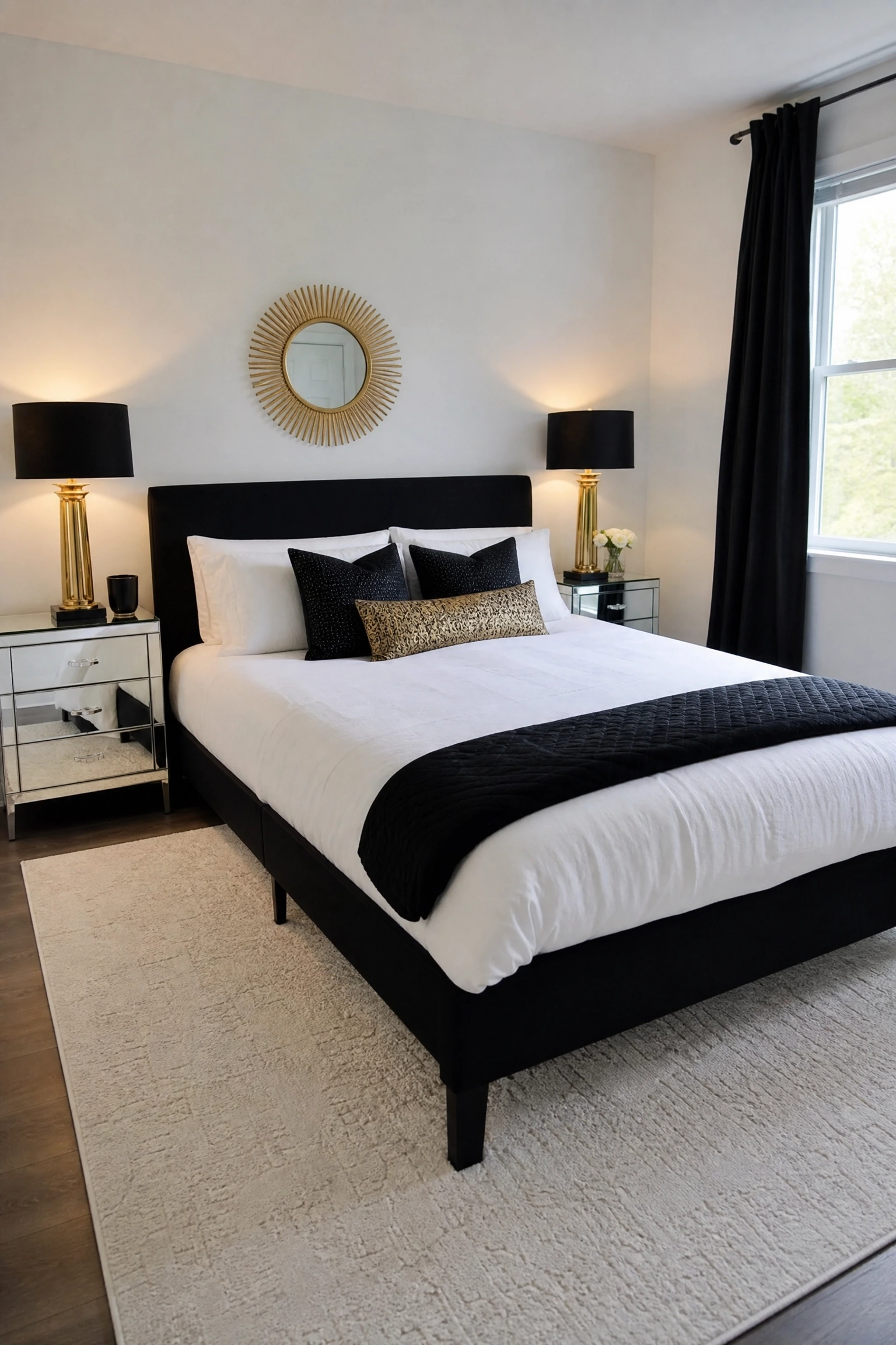 you are decorating a small bedroom and worry black will shrink it: use mirrored furniture