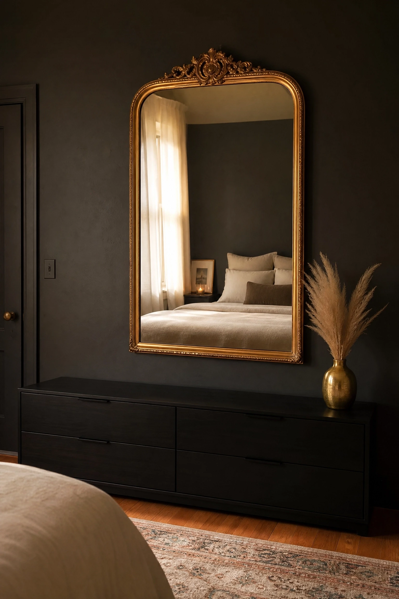 you cannot afford to repaint or buy new furniture: start with a gold mirror in a bedroom