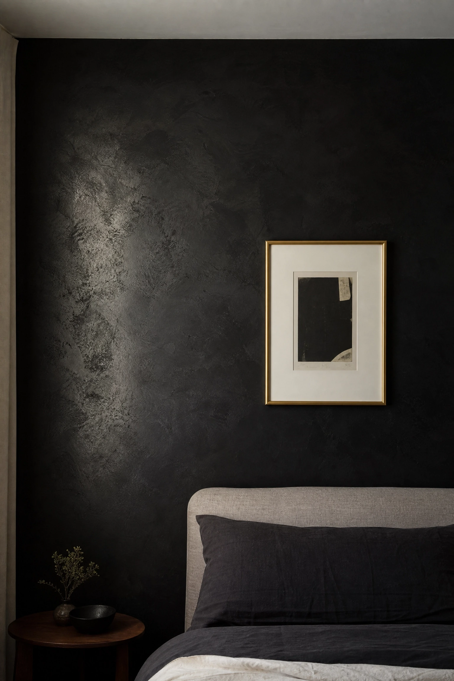 you want a more artistic angle: try black limewash or venetian plaster walls in a bedroom