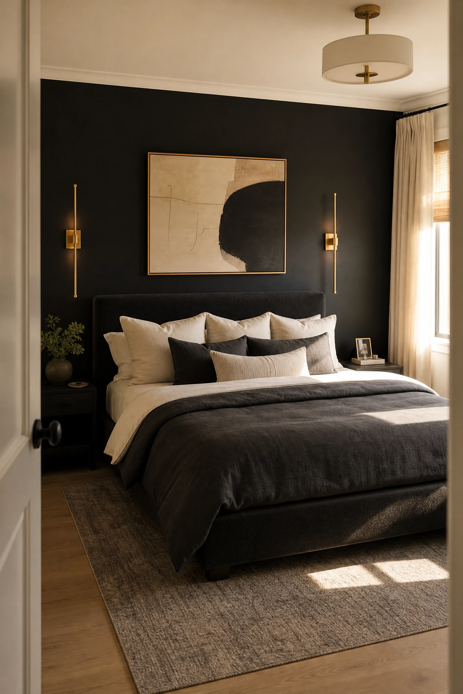 you want drama but fear all-black walls: use one matte black accent wall in a bedroom