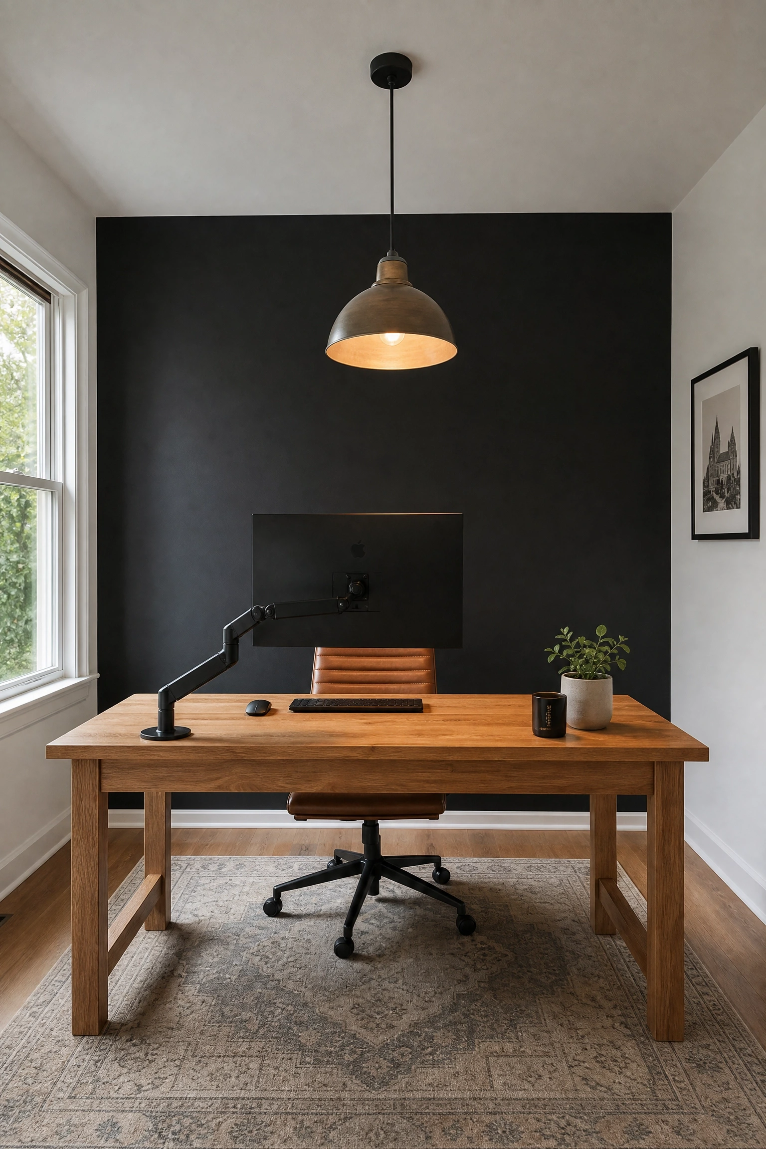 all-black accent wall with a natural wood desk in a office