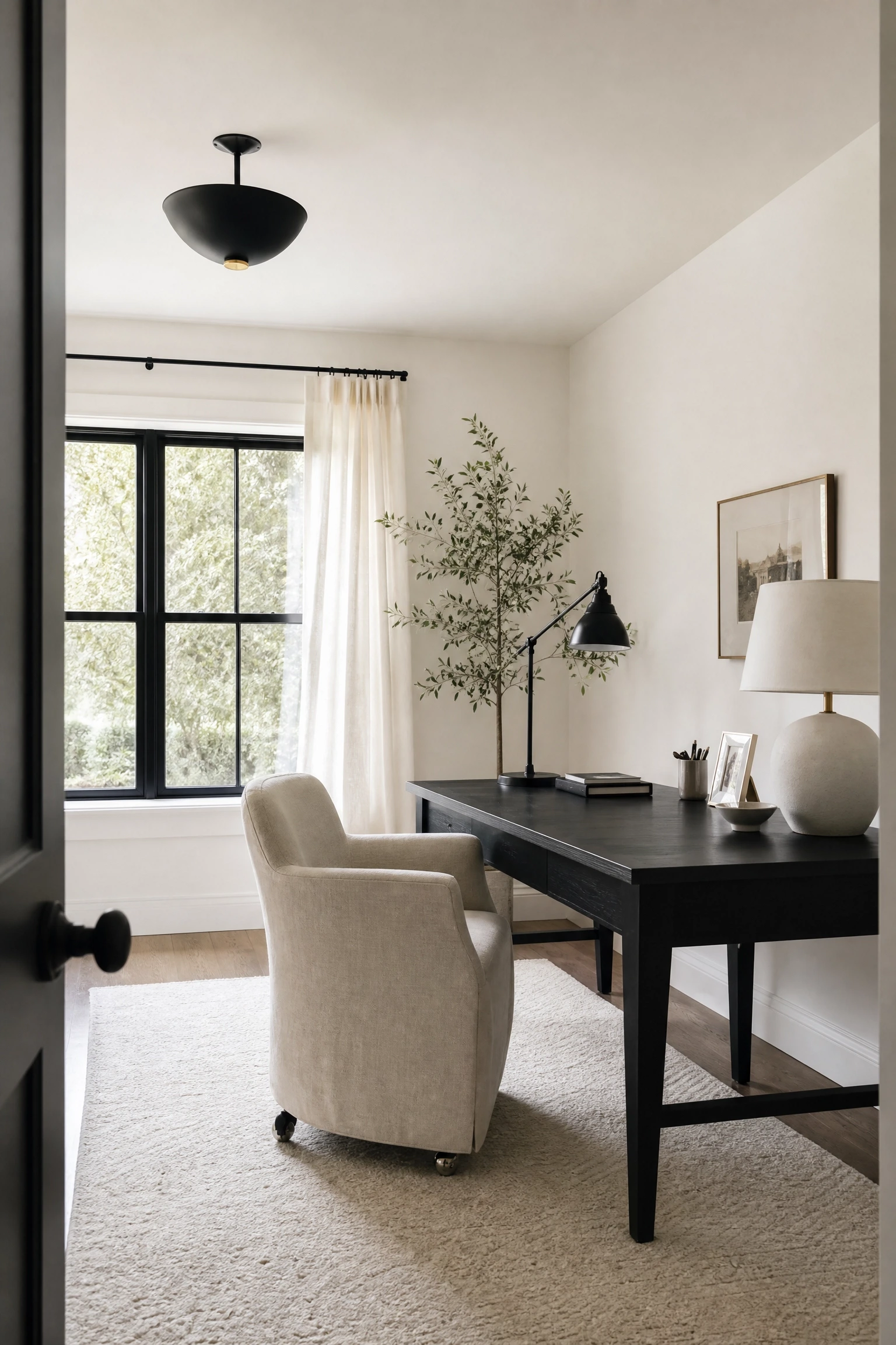 black and warm white office with linen accents