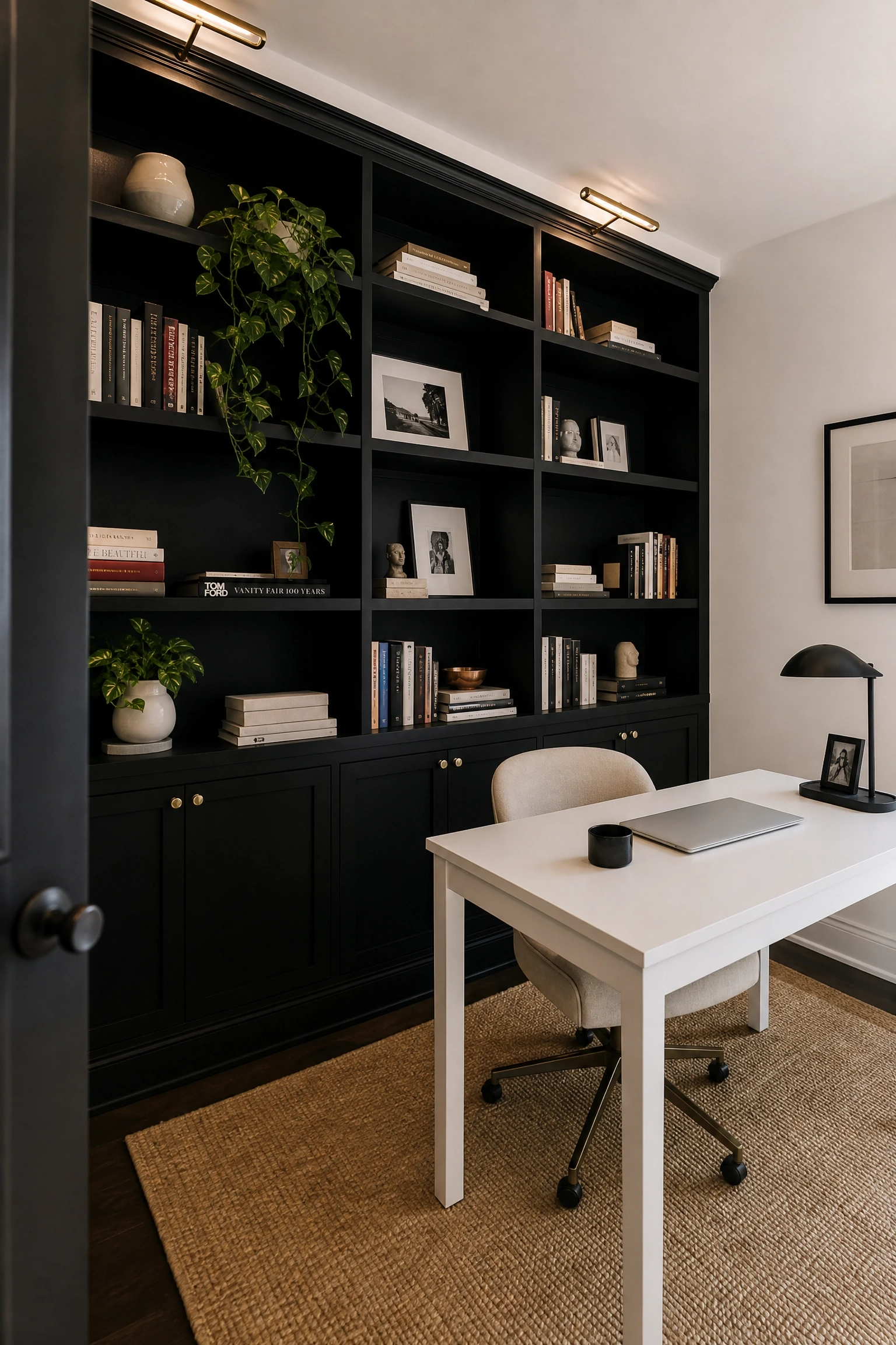 black built-in shelving against white walls in a office